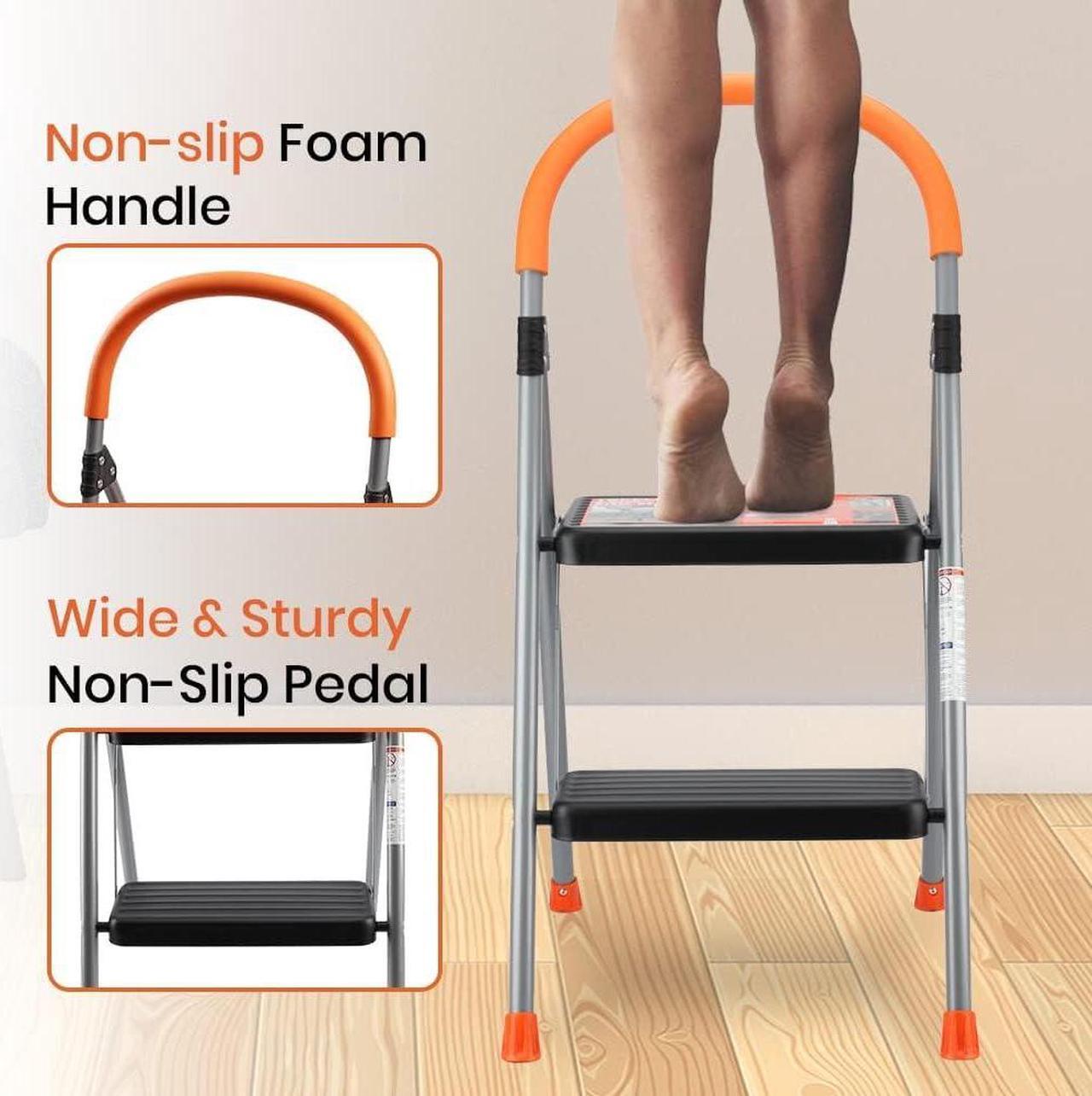 Alt view image 2 of 7 - 2 Step Ladder, Folding Metal Step Stool for Adults, Portable Steel Foldable Step Ladder for Heavy Duty, Wide Anti-Slip Pedal, Lightweight and Sturdy
