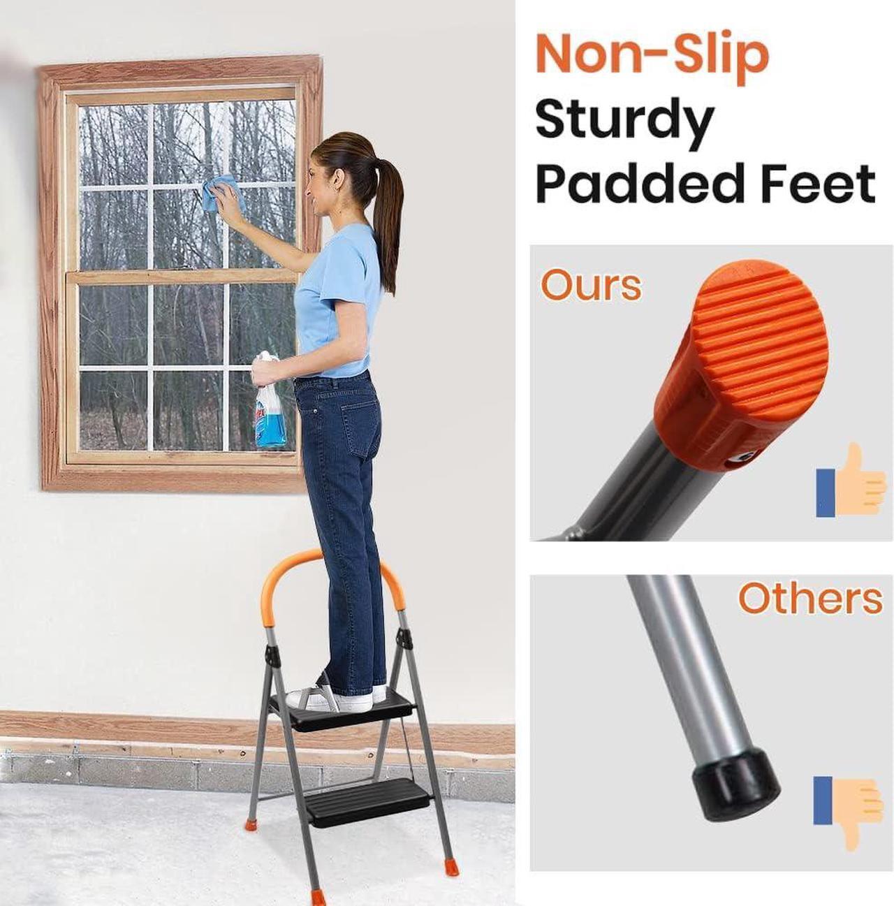 Alt view image 3 of 7 - 2 Step Ladder, Folding Metal Step Stool for Adults, Portable Steel Foldable Step Ladder for Heavy Duty, Wide Anti-Slip Pedal, Lightweight and Sturdy