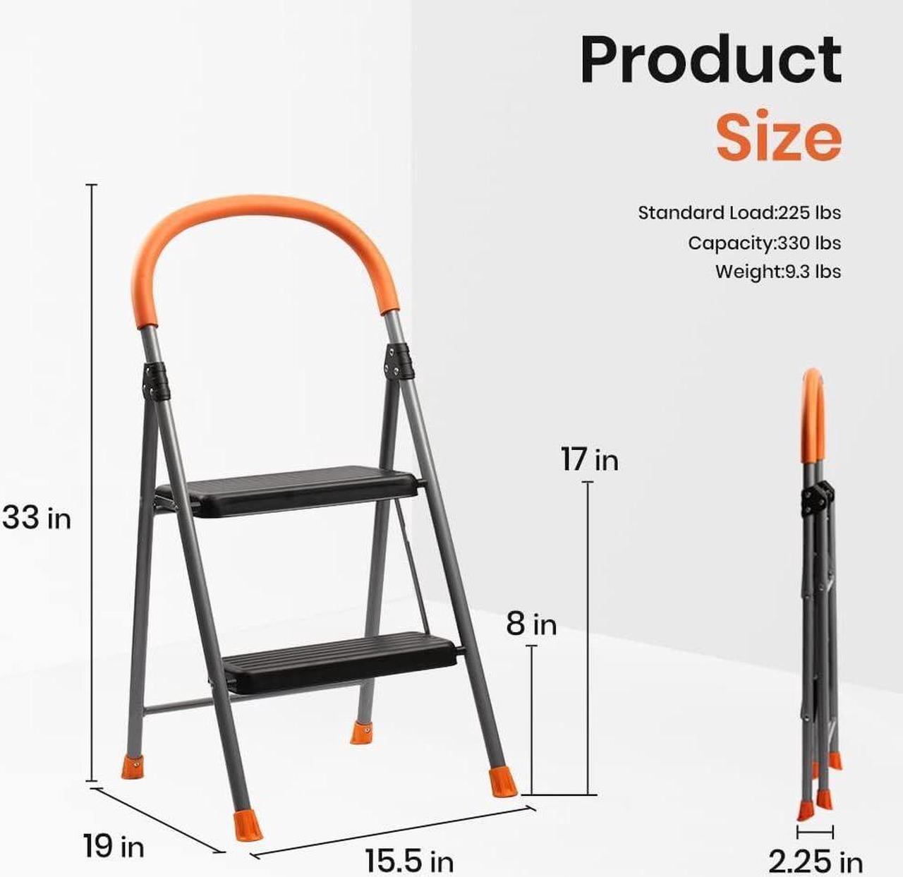 Alt view image 5 of 7 - 2 Step Ladder, Folding Metal Step Stool for Adults, Portable Steel Foldable Step Ladder for Heavy Duty, Wide Anti-Slip Pedal, Lightweight and Sturdy