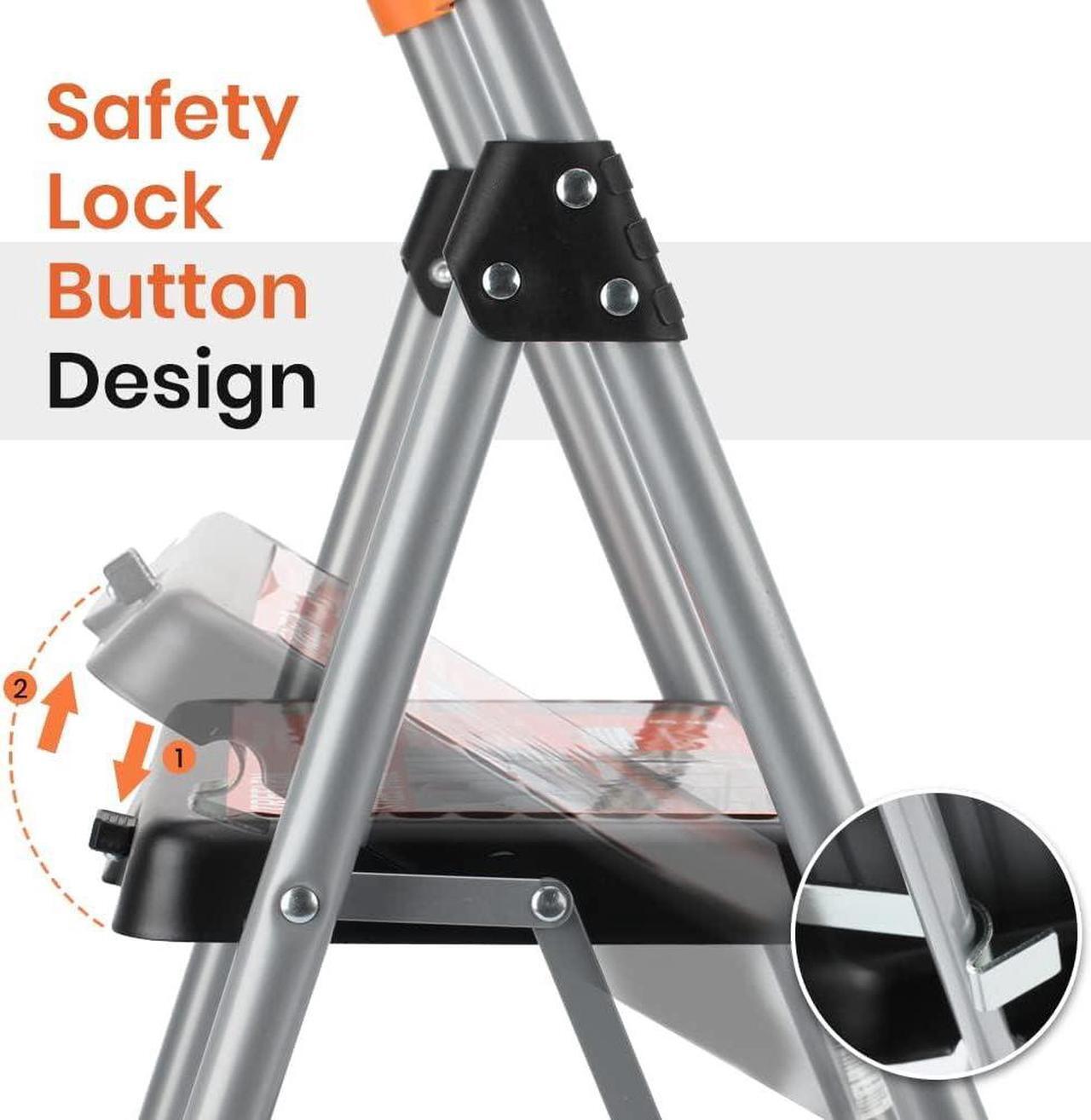 Alt view image 6 of 7 - 2 Step Ladder, Folding Metal Step Stool for Adults, Portable Steel Foldable Step Ladder for Heavy Duty, Wide Anti-Slip Pedal, Lightweight and Sturdy