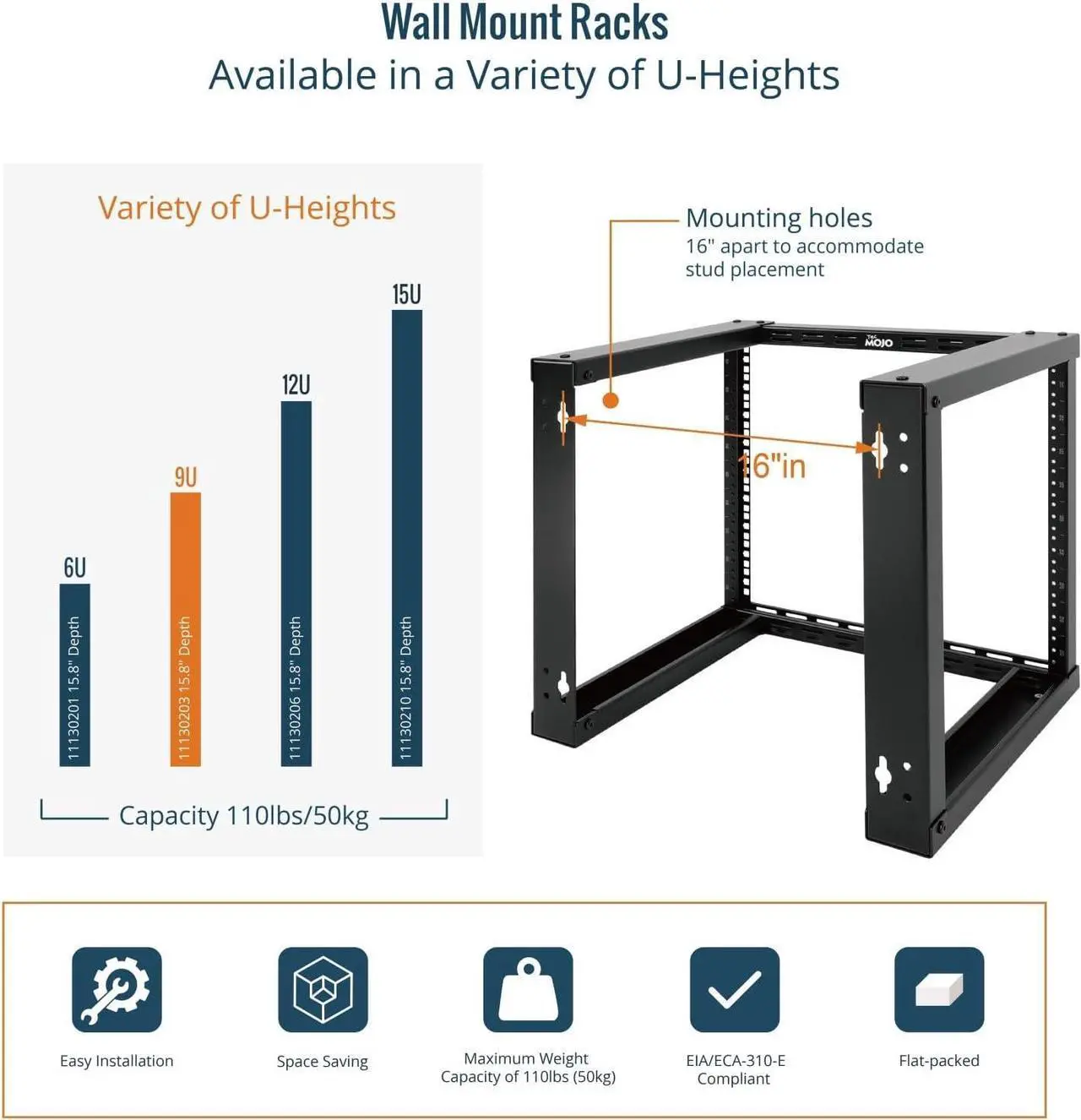 Alt view image 5 of 6 - 9U Wall Mount Rack, Wall Mount Network Rack 15.8in Depth, Open Frame Server Rack for 19in IT/AV/Data/Home Equipment, Black