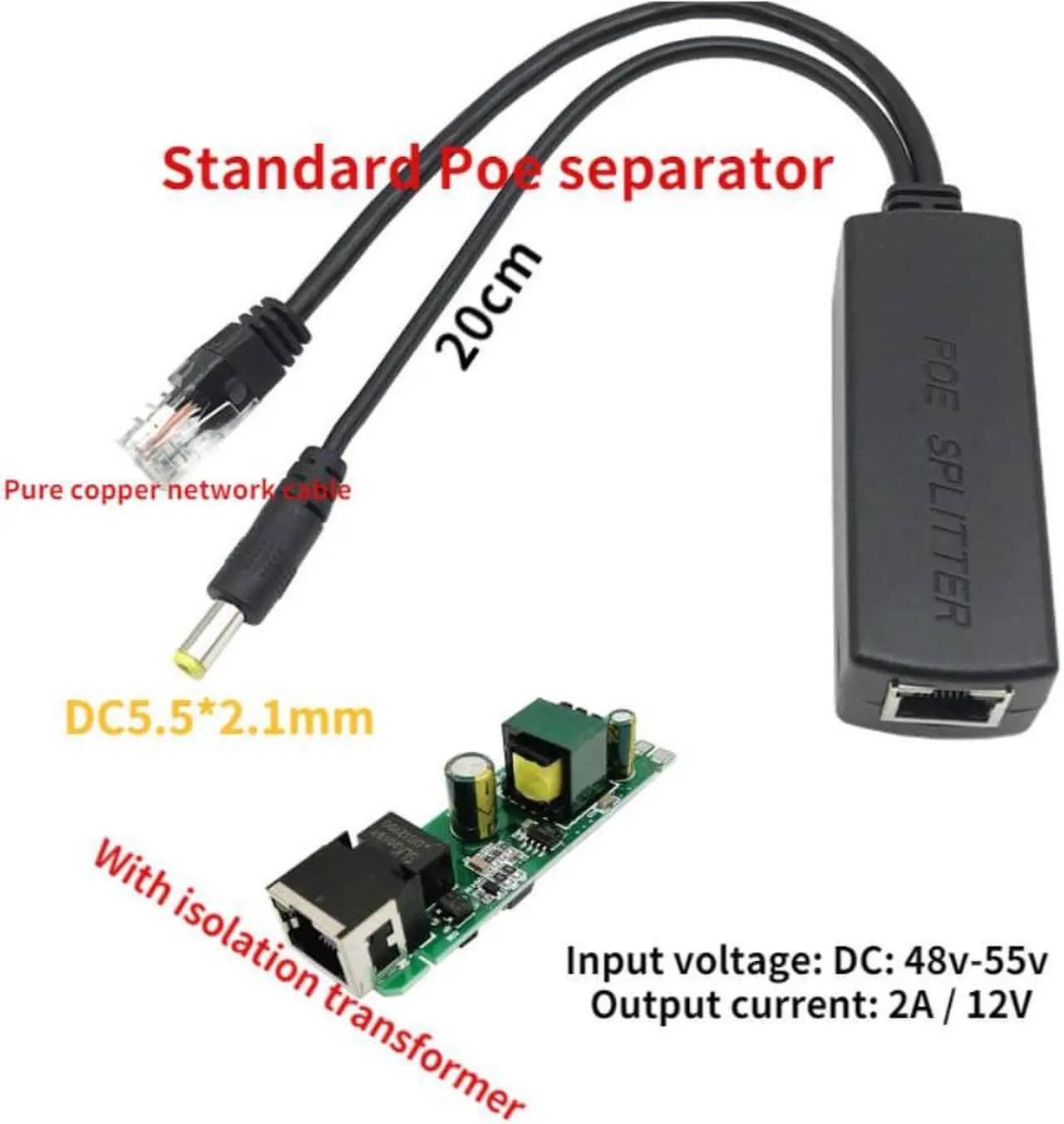 Main image of 10/100M IEEE802.3at/af Power Over Ethernet PoE Splitter Adapter for IP Camera 80x27x22mm/3.15x1.06x0.87in 48vto12V Isolated POE