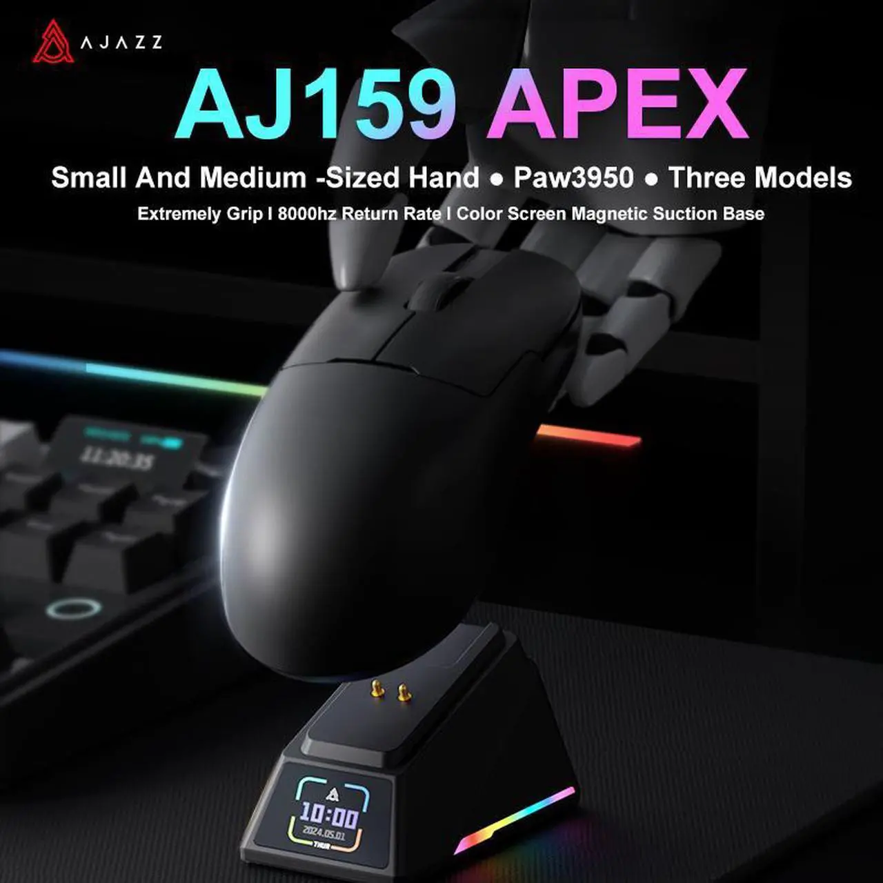 Alt view image 2 of 7 - AJAZZ AJ159 APEX/AJ159PRO Wireless Gamer Mouse with RGB Magnetic Charging Base Lightweight AJ159P Gaming Mouse for PC Laptop White Frost
