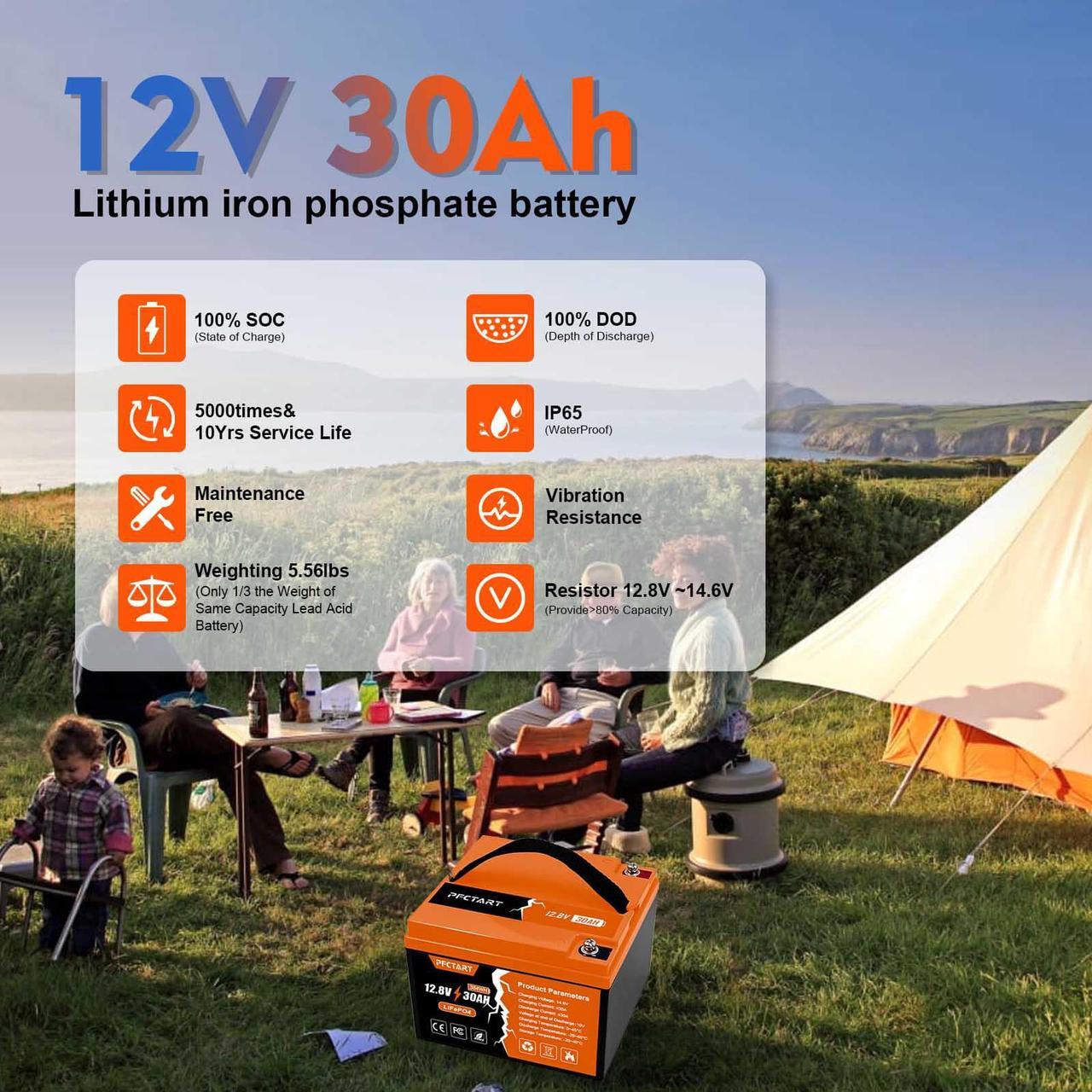 Alt view image 6 of 7 - PFCTART LiFePO4 Battery 12V 30Ah Lithium Iron Phosphate Deep Cycle BMS Home RV Camping US