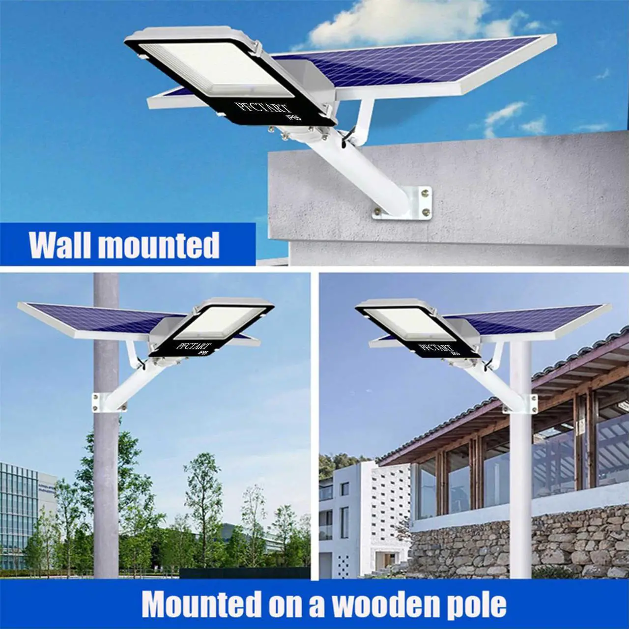 Alt view image 7 of 7 - PFCTART 1000W Commercial Solar Street Flood Light Lamp Outdoor Dusk to Dawn Wall Lamp, IP65 6500k LED Street Light with Remote Control for Garage, Yard, Barn, Road