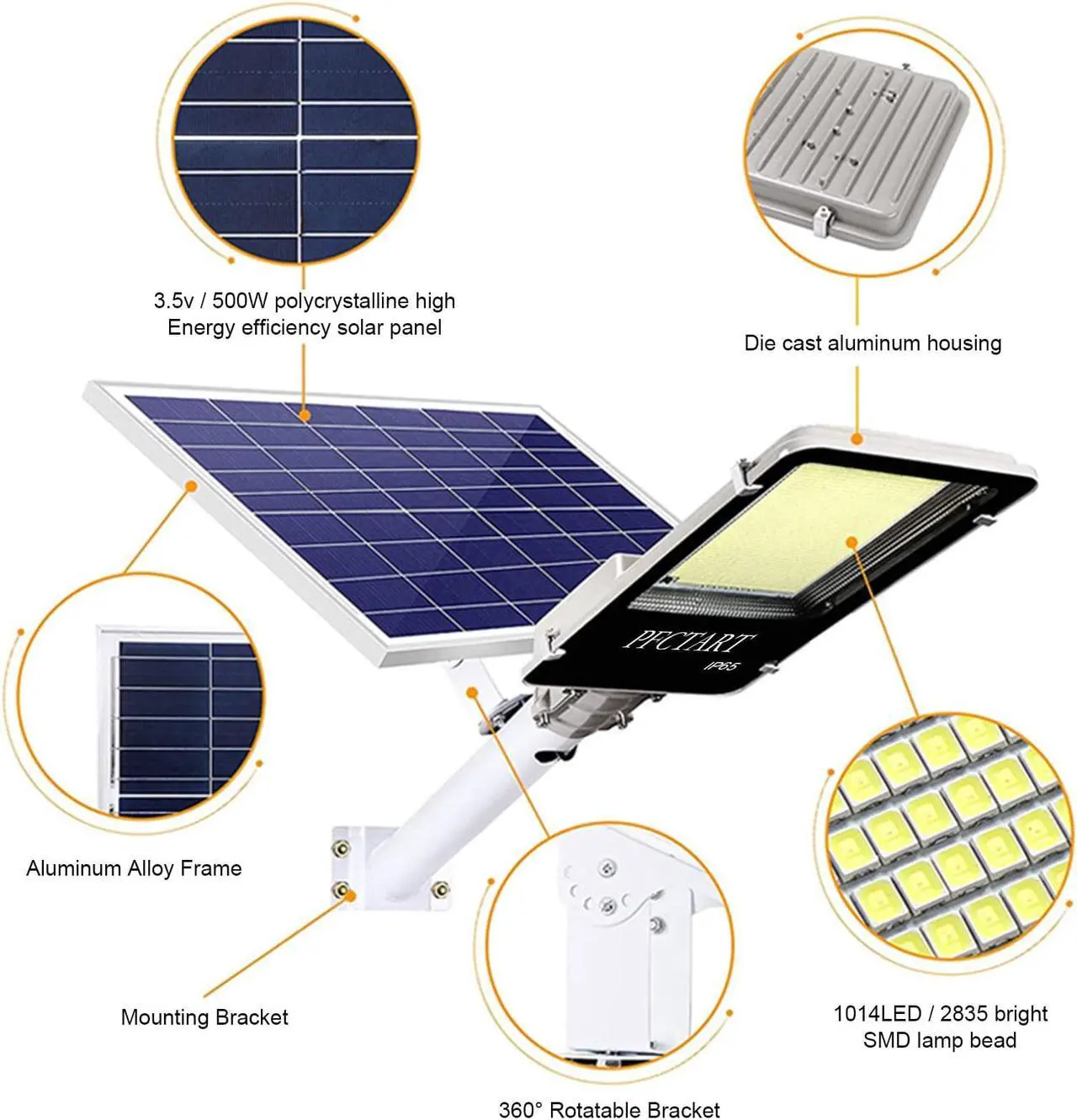 Alt view image 5 of 7 - PFCTART 1000W Commercial Solar Street Flood Light Lamp Outdoor Dusk to Dawn Wall Lamp, IP65 6500k LED Street Light with Remote Control for Garage, Yard, Barn, Road