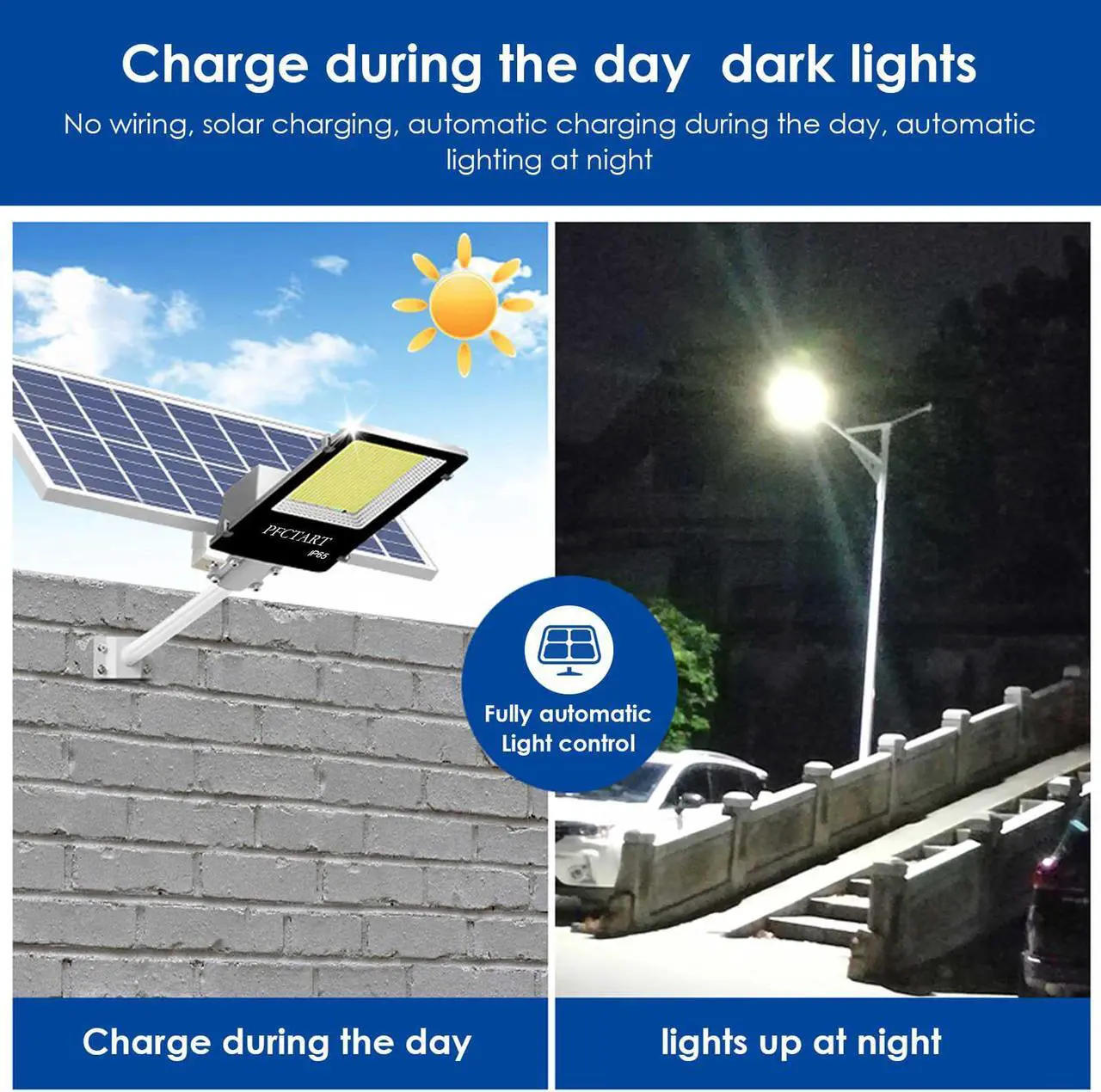 Alt view image 6 of 7 - PFCTART 1000W Commercial Solar Street Flood Light Lamp Outdoor Dusk to Dawn Wall Lamp, IP65 6500k LED Street Light with Remote Control for Garage, Yard, Barn, Road