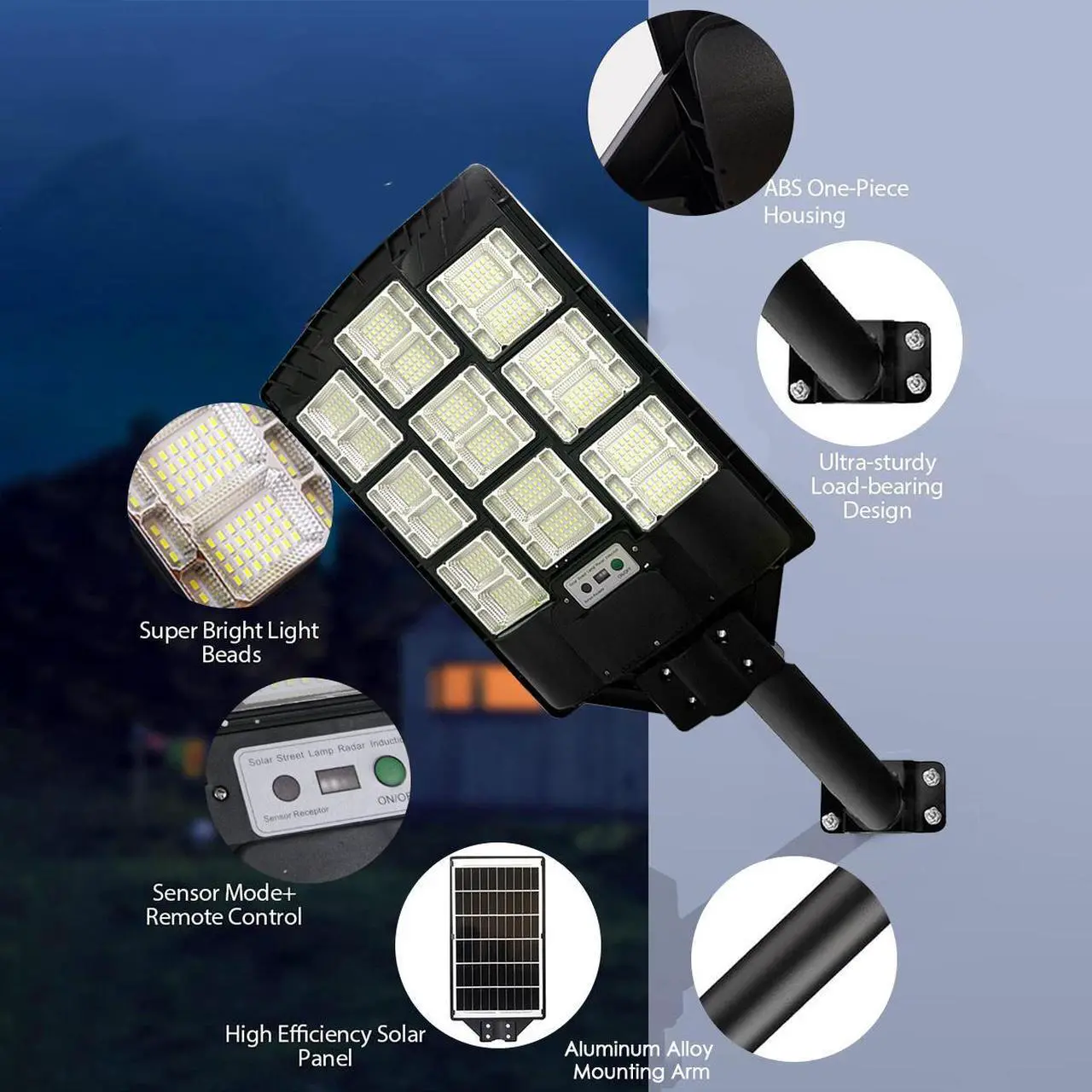 Alt view image 4 of 7 - 1000W Solar Street Lights Outdoor Dusk to Dawn Road Lamp Solar Flood Light +Remote+Pole
