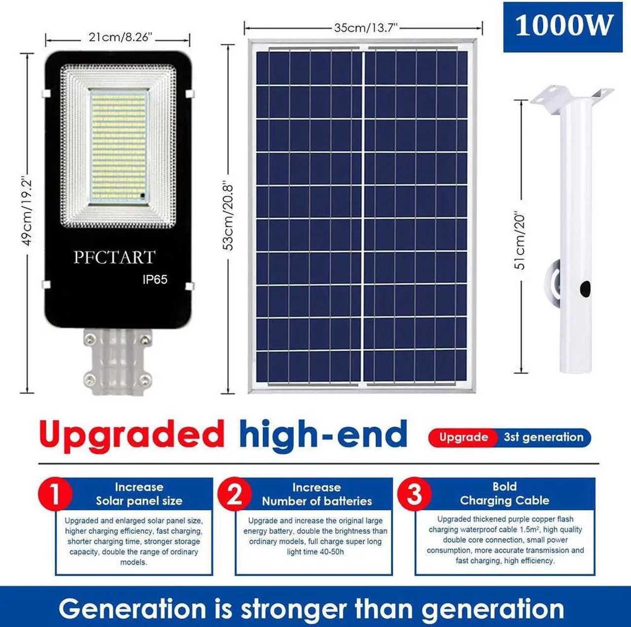 Alt view image 4 of 7 - PFCTART 1000W Commercial Solar Street Flood Light Lamp Outdoor Dusk to Dawn Wall Lamp, IP65 6500k LED Street Light with Remote Control for Garage, Yard, Barn, Road