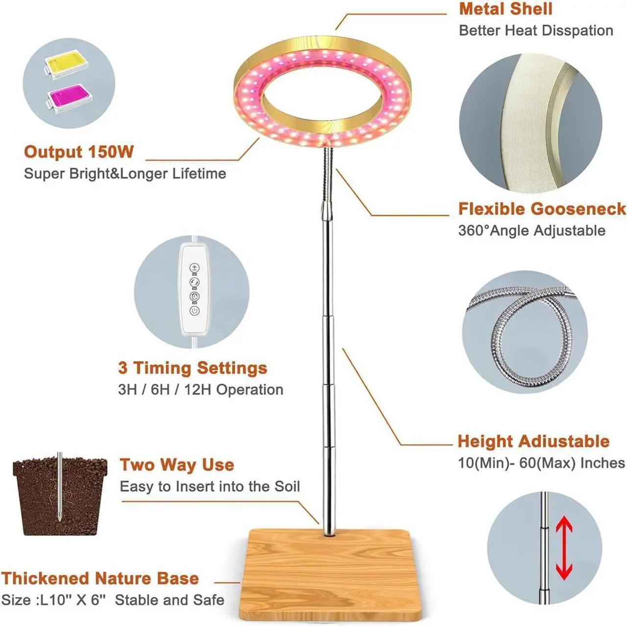 Alt view image 5 of 7 - PFCTART LED Grow Light Indoor Plants Full Spectrum with Base for Plant Shelf, Plant Pots