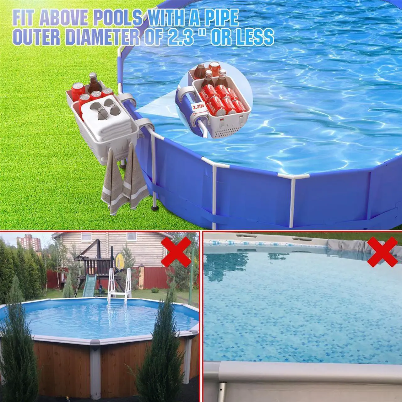 Alt view image 2 of 7 - PFCTART 2 Sets Poolside Storage Basket with Pool Cup Holder, Pool Toy Basket with 2 Hooks for Towels, Beverages, Pool Accessories for Most Frame Swimming Pools (Beige Gray)