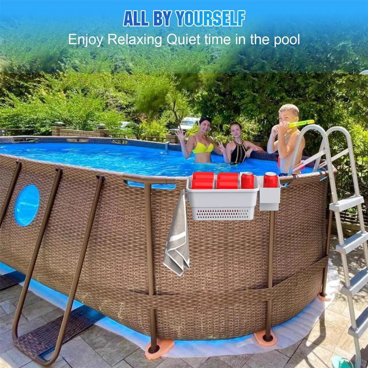 Alt view image 4 of 7 - PFCTART 2 Sets Poolside Storage Basket with Pool Cup Holder, Pool Toy Basket with 2 Hooks for Towels, Beverages, Pool Accessories for Most Frame Swimming Pools (Beige Gray)