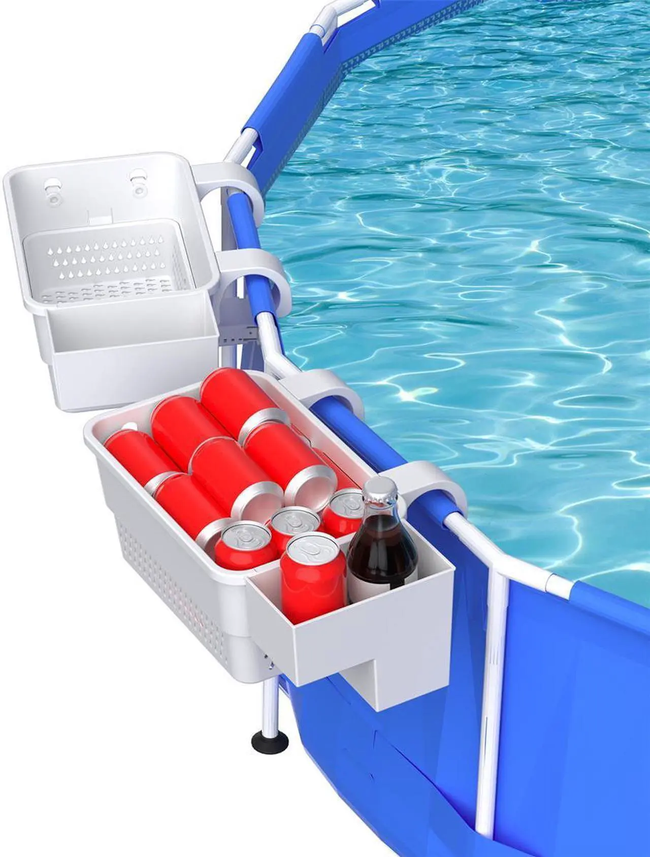 Main image of PFCTART 2 Sets Poolside Storage Basket with Pool Cup Holder, Pool Toy Basket with 2 Hooks for Towels, Beverages, Pool Accessories for Most Frame Swimming Pools (Beige Gray)