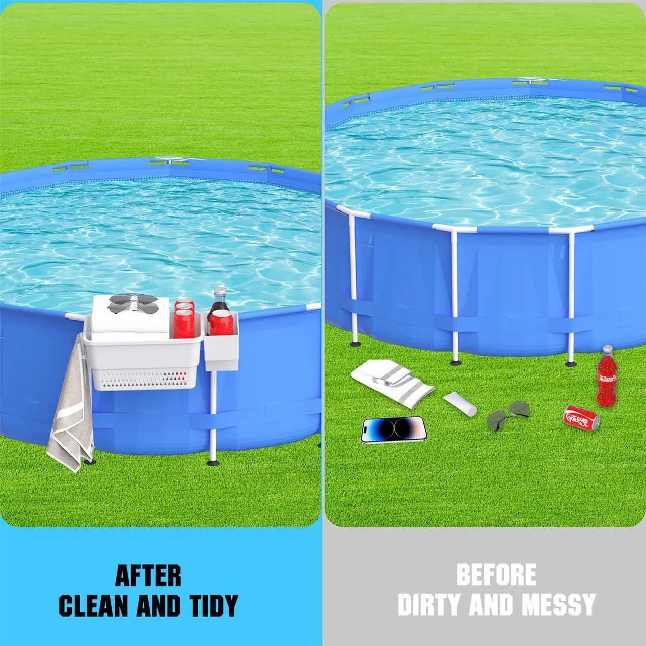 Alt view image 6 of 7 - PFCTART 2 Sets Poolside Storage Basket with Pool Cup Holder, Pool Toy Basket with 2 Hooks for Towels, Beverages, Pool Accessories for Most Frame Swimming Pools (Beige Gray)