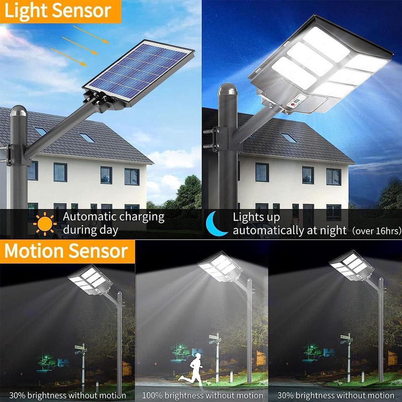 Alt view image 5 of 7 - PFCTART 9900000000LM 1000W Commercial LED Solar Street Light Dusk to Dawn Road Lamp, Solar Lights Outdoor Waterproof Remote Control, Solar Parking Lot Lights Commercial for Garage, Yard