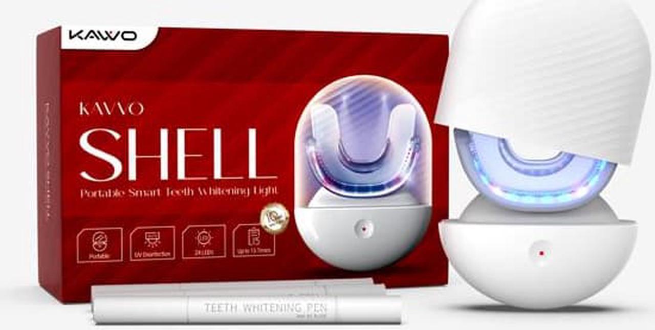 KAVVO Shell Teeth Whitening Kit with Automatic UV Disinfection Function, Dust-Proof, 450mAh Rechargeable Battery, 14-Time Runtime, Extra Teeth Tray & Gel Tubes for a Brighter Smile