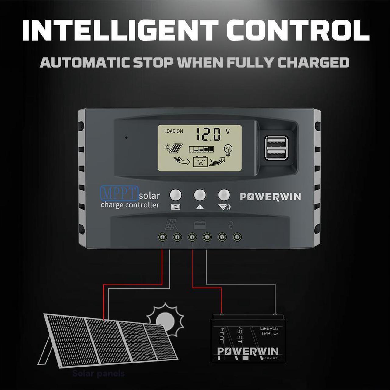 Alt view image 2 of 7 - POWERWIN 50A MPPT 12V 24V Solar Charge Controller Solar Charge Regulator with Adjustable LCD Display Dual USB Solar Panel Regulator for LiFePO4 Battery Lithium Battery