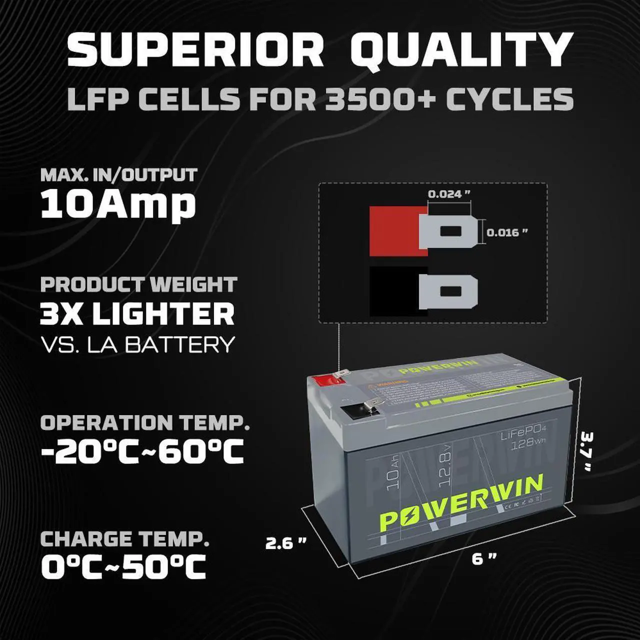 Alt view image 6 of 7 - POWERWIN 12V 10Ah LiFePO4 Battery 4000+ Deep Cycle Battery Lithium Battery Built-in BMS Rechargeable Battery for Power Wheels Fish Finder Small UPS