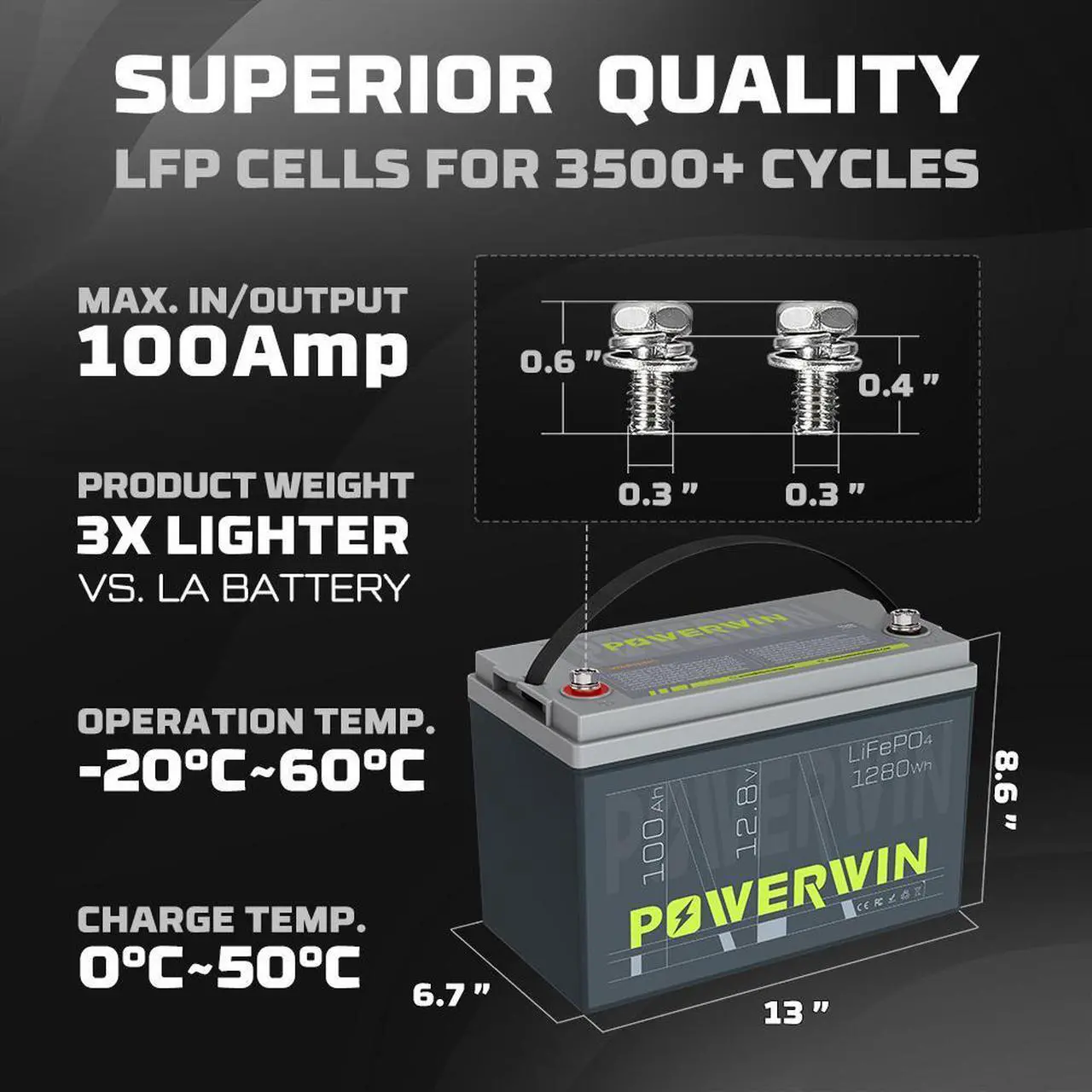 Alt view image 7 of 7 - POWERWIN 12V 100Ah LiFePO4 Lithium Battery with 100A BMS Max Up to 15000 Deep Cycles LiFePO4 Battery 1280Wh for Trolling Motor RV Camping Marine and Off Grid BT100
