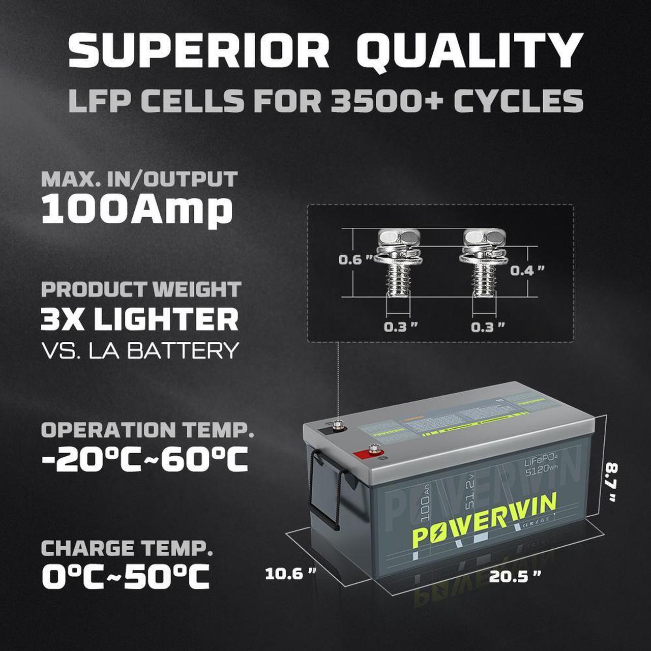 Alt view image 7 of 7 - POWERWIN 48V 100Ah LiFePO4 Battery BT5120, 48V (51.2V)  Grade A Cells Lithium Battery, 4800W 5120Wh Load Power, Built-in 100A BMS, Perfect for 48V Inverter, Backup Power, Solar System, RV, Off Grid