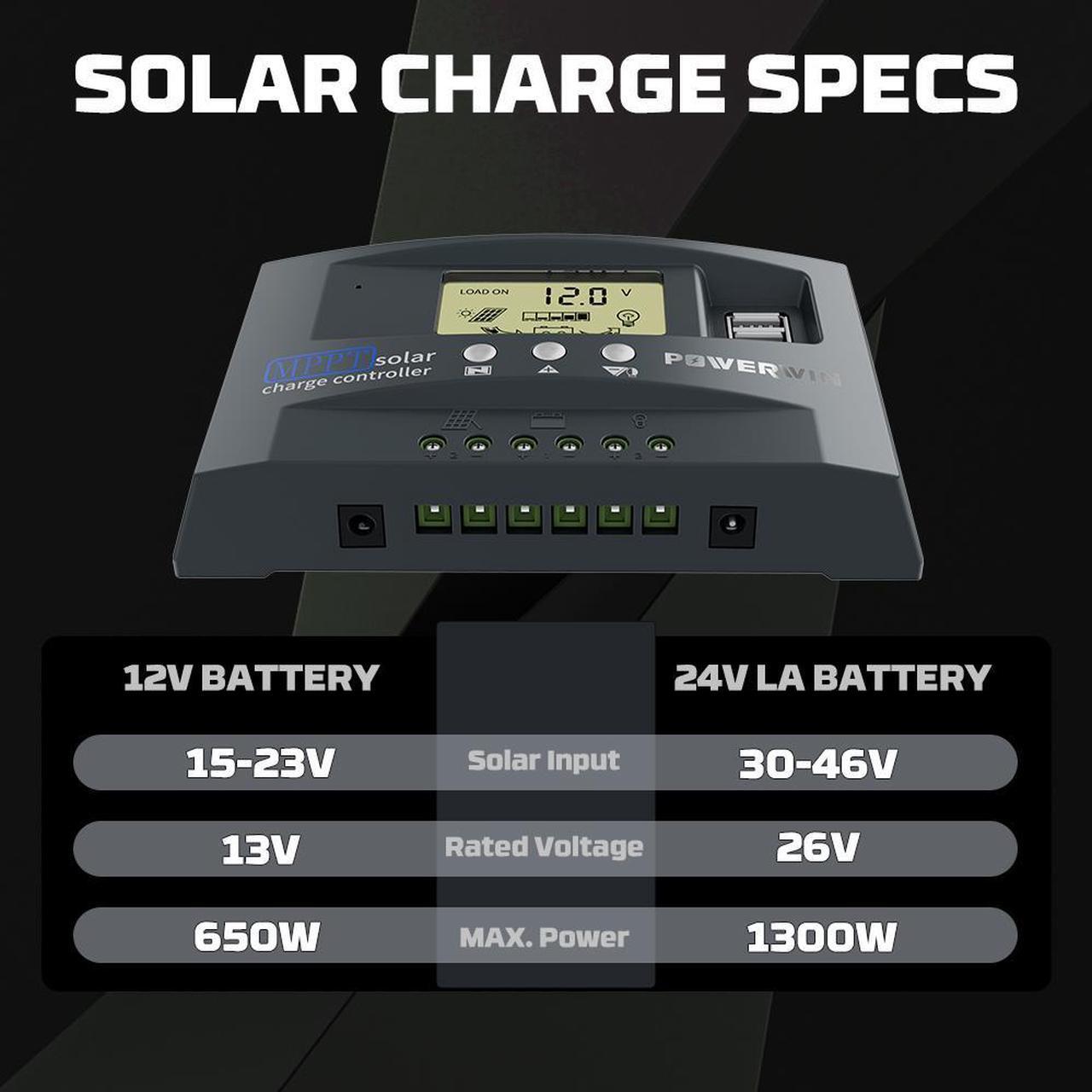 Alt view image 5 of 7 - POWERWIN 50A MPPT 12V 24V Solar Charge Controller Solar Charge Regulator with Adjustable LCD Display Dual USB Solar Panel Regulator for LiFePO4 Battery Lithium Battery