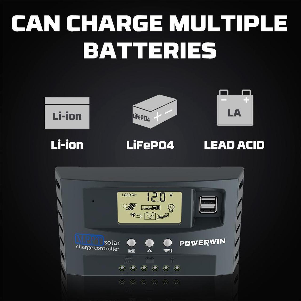 Alt view image 2 of 7 - POWERWIN 50A MPPT 12V 24V Solar Charge Controller Solar Charge Regulator with Adjustable LCD Display Dual USB Solar Panel Regulator for LiFePO4 Battery Lithium Battery