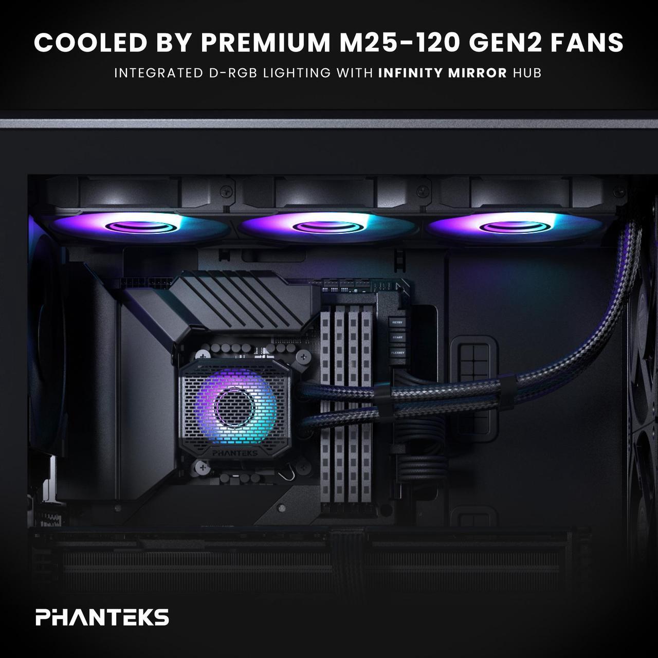Alt view image 6 of 6 - Phanteks Glacier One 360M25 G2 AIO Liquid CPU Cooler, Black, RGB Pump Cap Design, 3x Performance 120mm M25 G2 PWM RGB Fans, for Intel LGA 1700, 1851, 1200, 115x and AMD AM4/AM5 sockets, Black