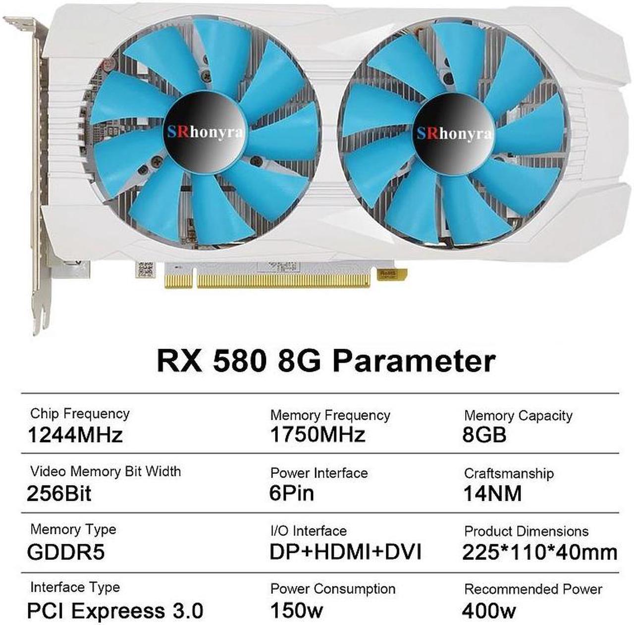 Alt view image 2 of 7 - SRhonyra AMD RX 580 8GB Gaming graphics card 2048SP GDDR5  256Bit PCI Express 3.0 x16 6Pin Gaming Video Card Mining GPU Gaming GPU with HDMI DP DVI Port