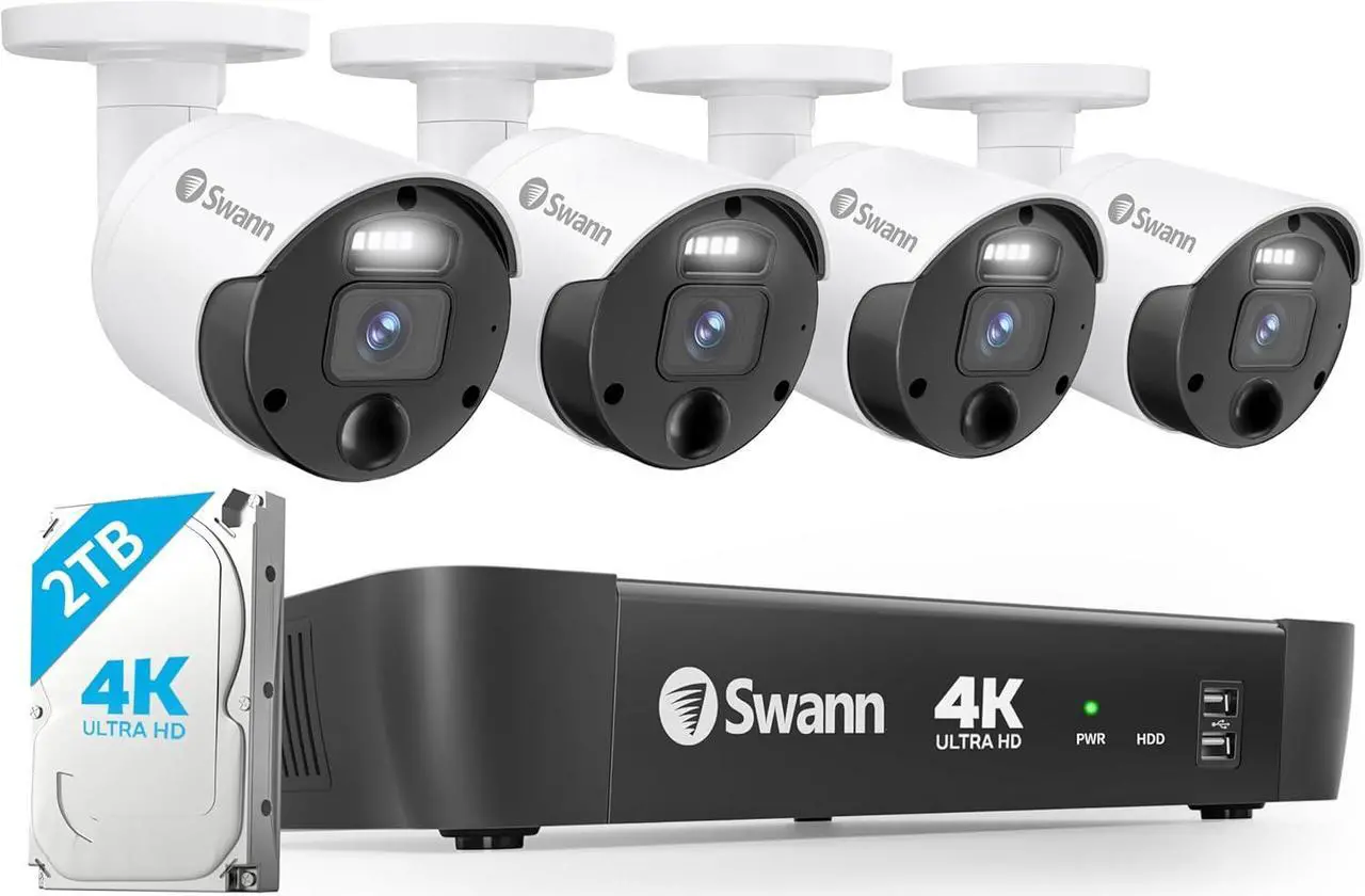 Main image of Swann 4K Master Security Camera System, 8 Channel NVR with 2TB HDD, 4X Bullet IP Cameras, Indoor/Outdoor PoE Wired, 24/7 Home Surveillance, Color Night Vision, True Detect, Sensor Spotlights,876804