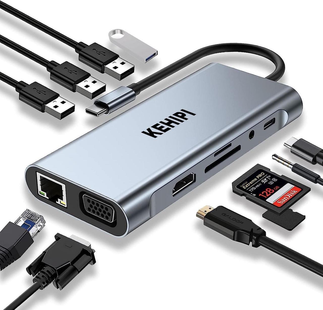 KEHIPI USB C HUB, USB C Adapter 11 in 1 with 4K HDMI, VGA, Type C PD, USB3.0, RJ45 Ethernet, SD/TF Card Reader, 3.5mm AUX, Docking Station Compatible with MacBook Pro/Air, Other Type C Laptops Devices