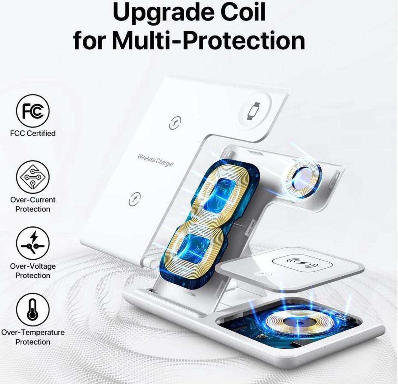 Alt view image 2 of 7 - Wireless Charger, KEHIPI 3 in 1 Wireless Charging Station, Fast Wireless Charger Stand for iPhone 14/13/12/11/Pro/Max/XS/XR/X/8/Plus, for Apple Watch 7/6/5/4/3/2/SE, for AirPods 3/2/Pro(White)