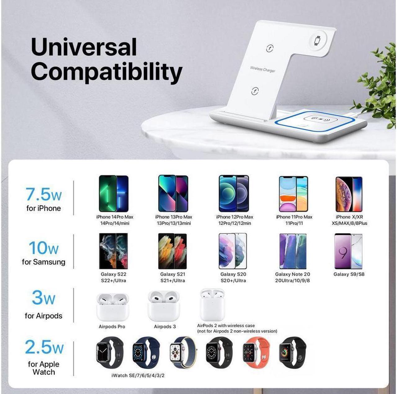 Alt view image 3 of 7 - Wireless Charger, KEHIPI 3 in 1 Wireless Charging Station, Fast Wireless Charger Stand for iPhone 14/13/12/11/Pro/Max/XS/XR/X/8/Plus, for Apple Watch 7/6/5/4/3/2/SE, for AirPods 3/2/Pro(White)
