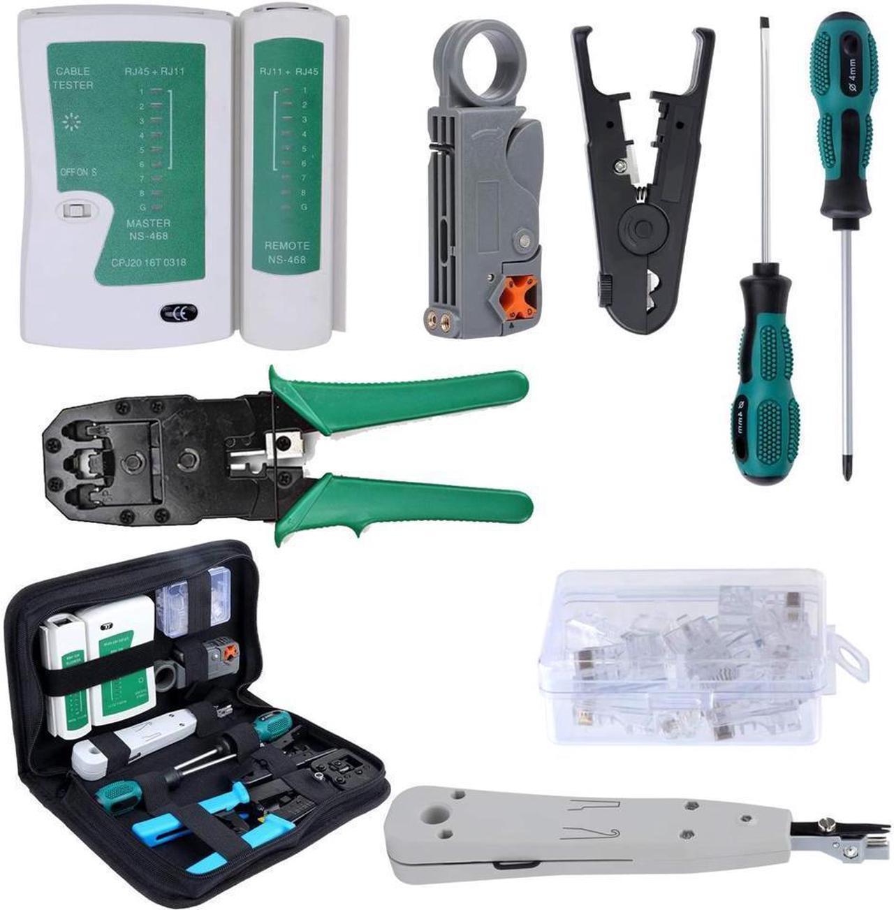 KEHIPI Network Tool Kit RJ45 Crimping Tool Kit for RJ11/RJ12/CAT5/CAT6/Cat5e, Computer Maintenacnce LAN Cable Tester Network Repair Tool Set, Wire Stripping Cutter Coax Crimper Plug