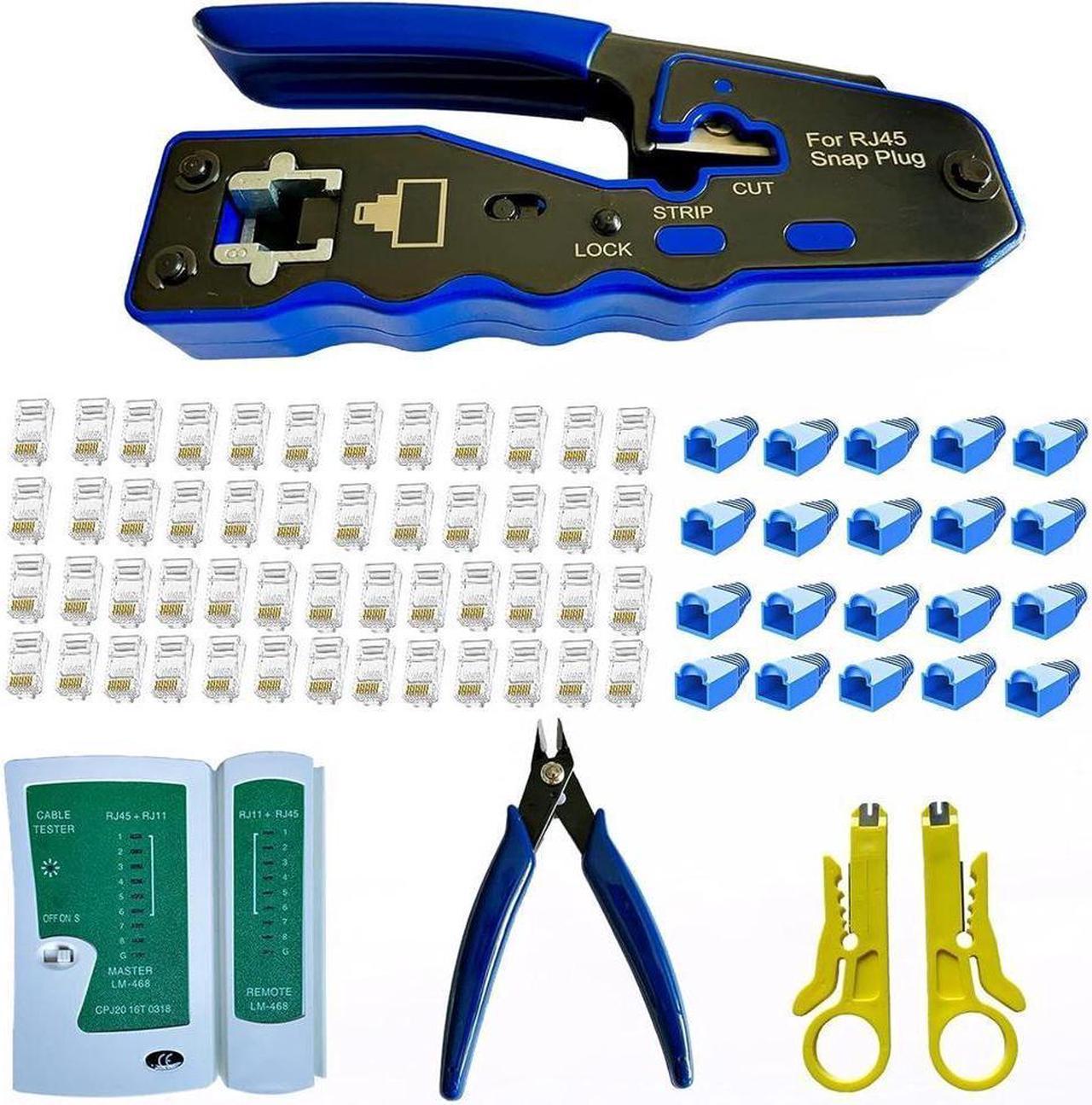 KEHIPI Crimp Tool Kit Pass Through and Standard Cat6 Cat6A Cat5 Cat5e rj45 Crimping Tool with 50pcs rj45 Cat6 Pass Through Connectors, 20pcs Covers, 1Network Cable Tester, 2Wire Strippers, 1Cutter