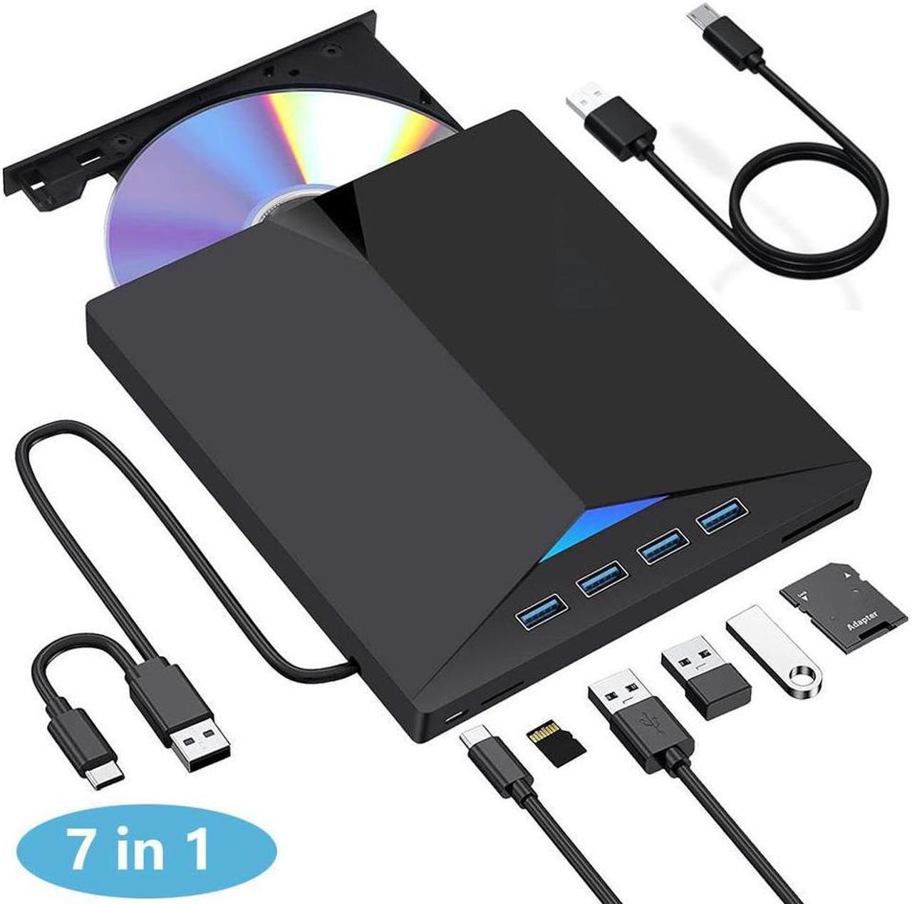 KEHIPI [7 in 1] External CD/DVD Drive for Laptop, USB 3.0 & Type C Ultra-Slim Portable CD/DVD Player Burner, SD TF CD ROM, External Optical CD DVD Drive Compatible with Windows 7/8/10/XP/Vista, Linux,