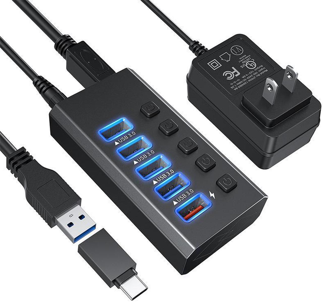 KEHIPI Powered USB 3.0 Hub, 5-Port Powered USB Hub 3.0 with Individual Switch, Aluminum Alloy Fast Charging USB 3.0 Hub Expander Compatible with All USB Devices Laptops Desktops12V 4A Power Adapter