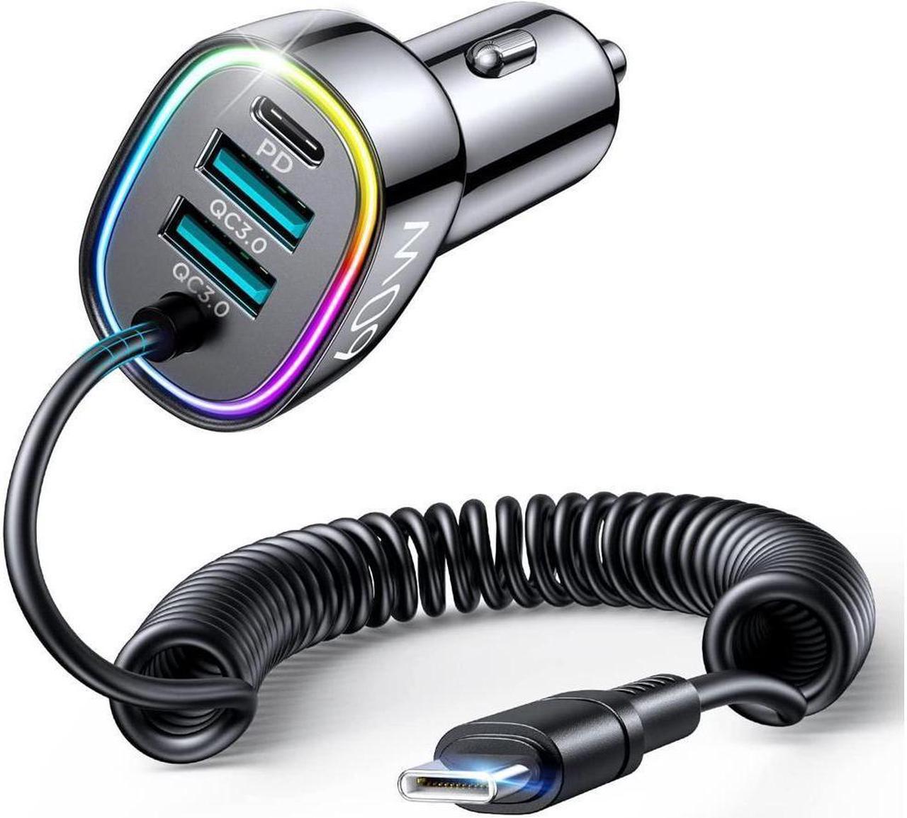 KEHIPI USB C Car Charger, 60W 4 Port Fast Car Charger [PD& QC3.0 Quick Charge] [Extendable Coiled Type C Cable] Multi Port Cigarette Lighter Adapter for i-Phone/Android Smartphones etc.