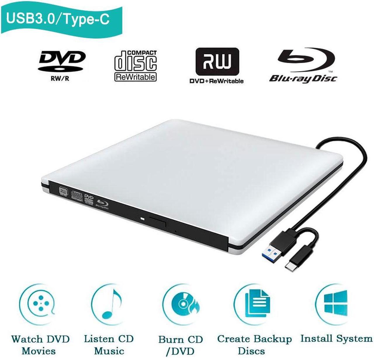 KEHIPI External 3D Blu ray CD DVD Drive, Portable USB 3.0 and Type-C Blu-ray CD/DVD+/-RW Burner Player Writer Reader Rewriter for PC Netbook Laptop Desktop with Mac OS Windows XP/7/8/10 Silver