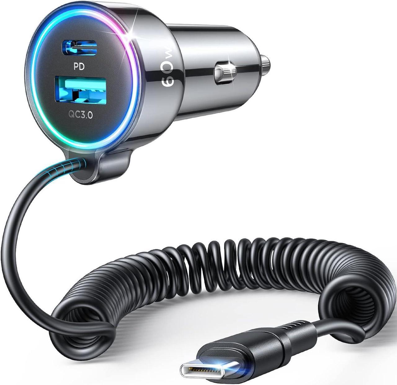 KEHIPI USB C 60W Super Fast Car Charger PD& QC3.0 with 5ft 30W Type C Coiled Cable, Car Phone Charger Adapter for iPhone 15 Pro Max Plus, Samsung Galaxy S23/S22/S21, Google Pixel/Moto/LG/Android, iPad