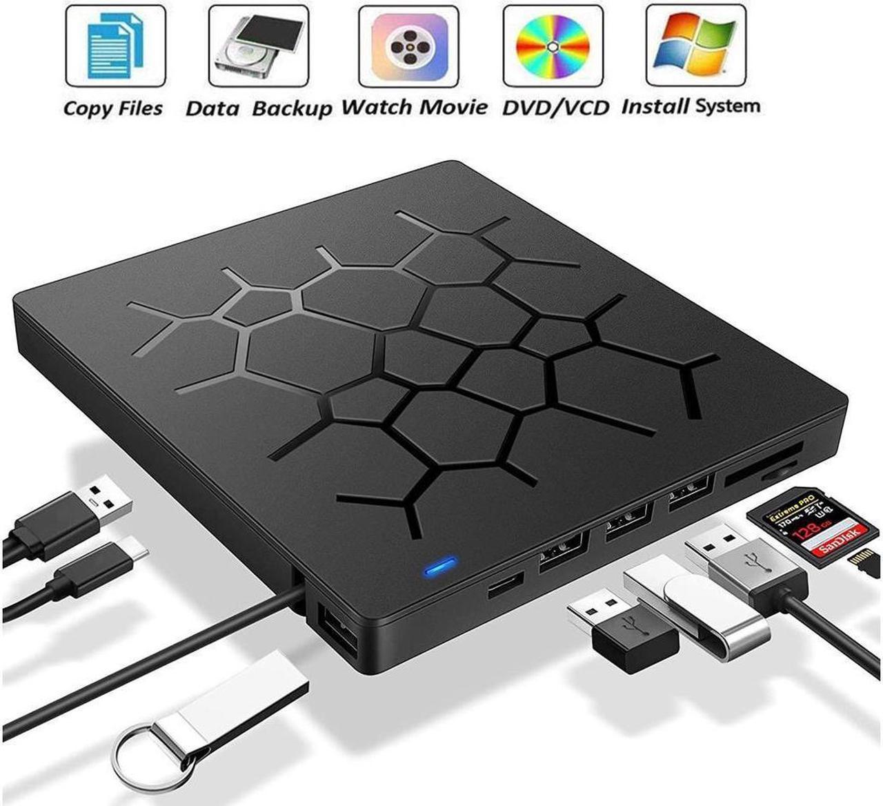 KEHIPI 7 -in-1 External DVD Drive with 4 USB Ports and 2 SD Card Slots, USB 3.0 External DVD CD ROM Drive, USB-C External DVD Player, Portable DVD +/- RW Optical Drive for Windows 7/8/10/Linux