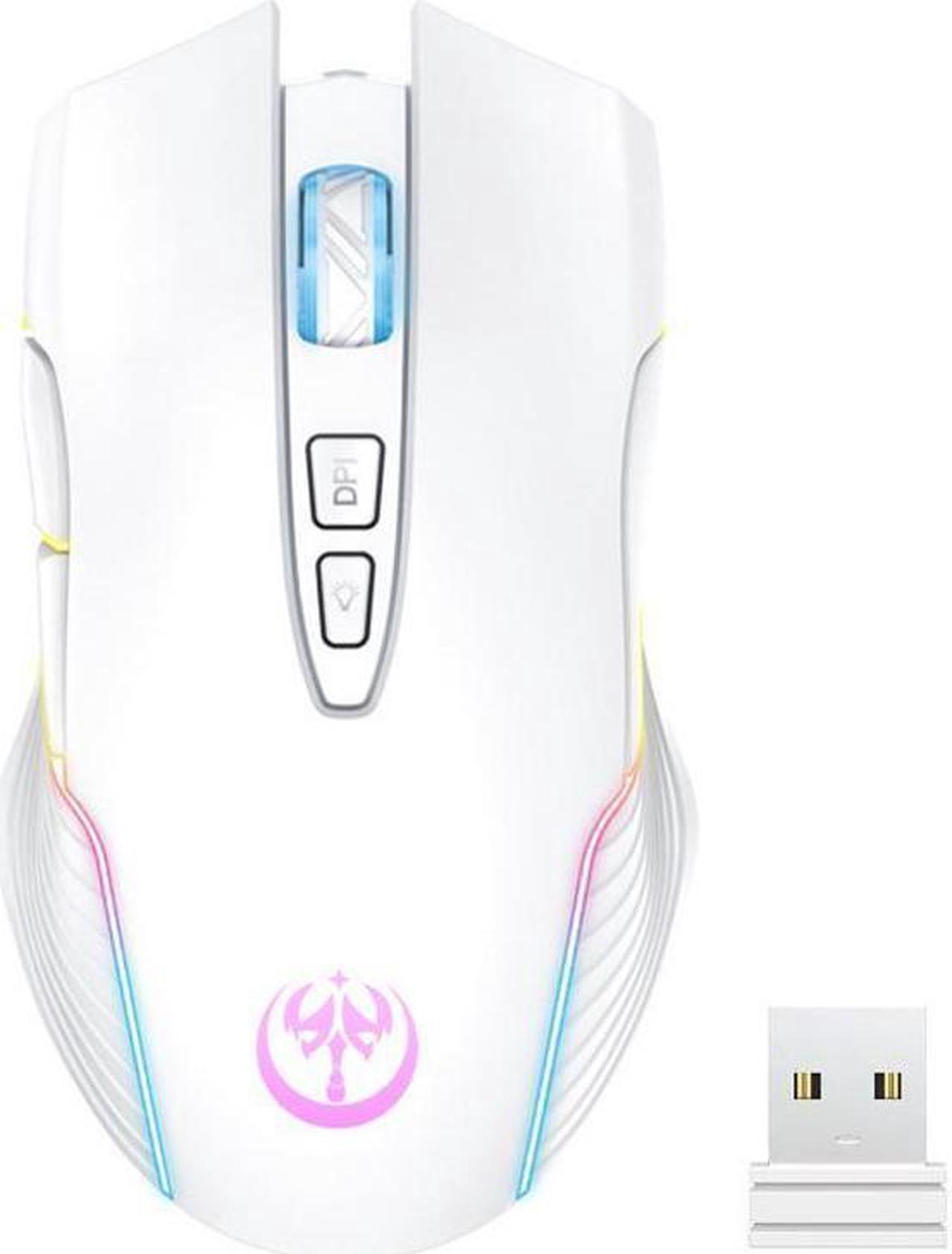 KEHIPI RGB Wireless Gaming Mouse, Rechargeable Computer Mice with 5 Adjustable DPI Up to 3600, Ergonomic Laptop PC Mouse with 7 Buttons (Not Programmable) Compatible with Windows MAC Linux White