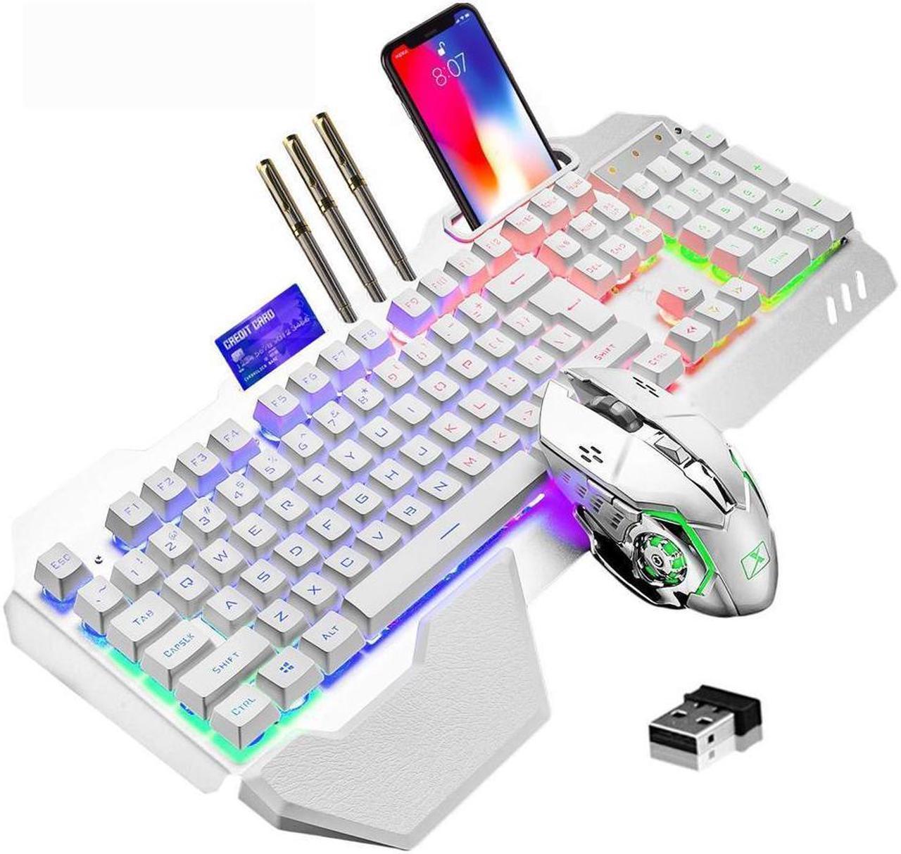 KEHIPI Wireless Gaming Keyboard and Mouse,Rainbow Backlit Rechargeable Keyboard Mouse with 3800mAh Battery Metal Panel,Removable Hand Rest Mechanical Feel Keyboard and 7 Color Gaming Mute Mouse for PC