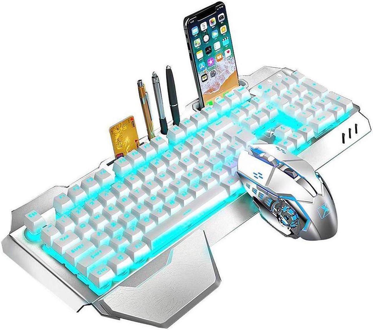 KEHIPI Wireless Gaming Keyboard and Mouse,Rainbow Backlit Rechargeable Keyboard Mouse with 3800mAh Battery Metal Panel,Removable Hand Rest Mechanical Feel Keyboard and 7 Color Gaming Mute Mouse for PC