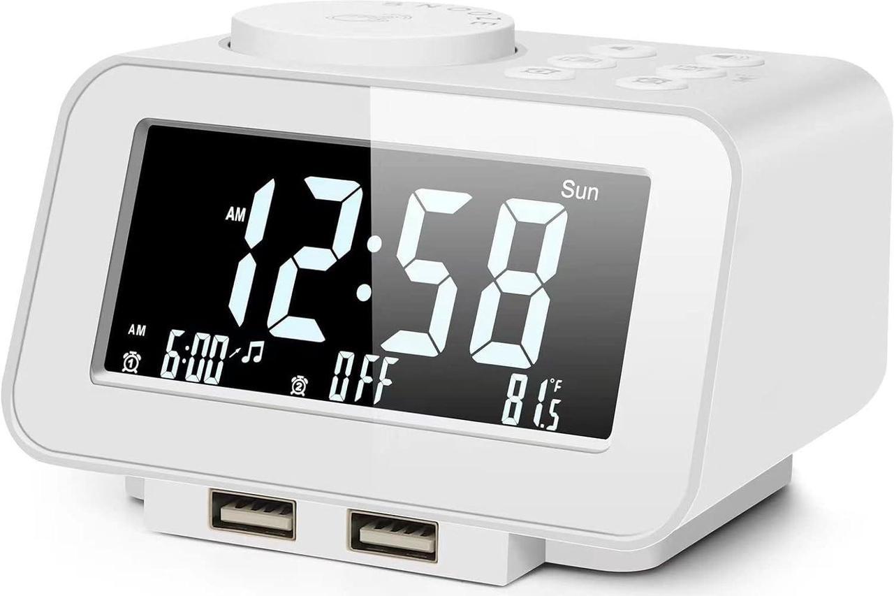 KEHIPI Digital Alarm Clock Radio - 0-100% Dimmer, Dual Alarm with Weekday/Weekend Mode, 6 Sounds Adjustable Volume, FM Radio w/Sleep Timer, 2 USB Charging Ports, Thermometer, Battery Backup(White)