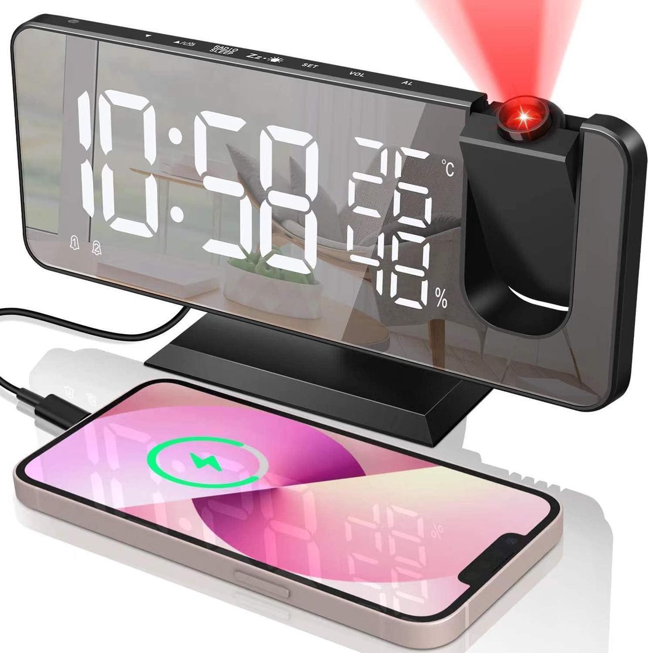 KEHIPI Projector Alarm Clock for Bedroom Ceiling, Projection Digital Clock Radio with USB Charger Ports, Dual Alarms, Snooze Model, 4 Dimmer, 7.3Large Mirror LED Loud Alarm