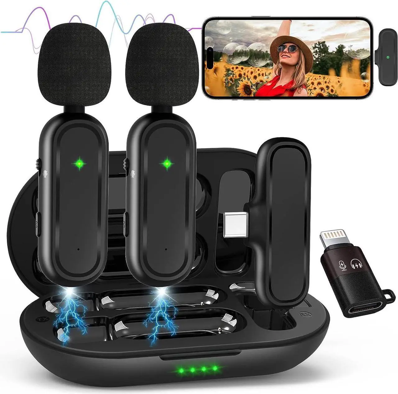 Main image of KEHIPI 2 Pack Wireless Lavalier Microphone for Android, iPhone ipad with Adapter and Charging Case, 10 Hours Long Battery Life, Clip on Lapel Mic for Facebook, Vlog, Interview, Tiktok, YouTube 70ft