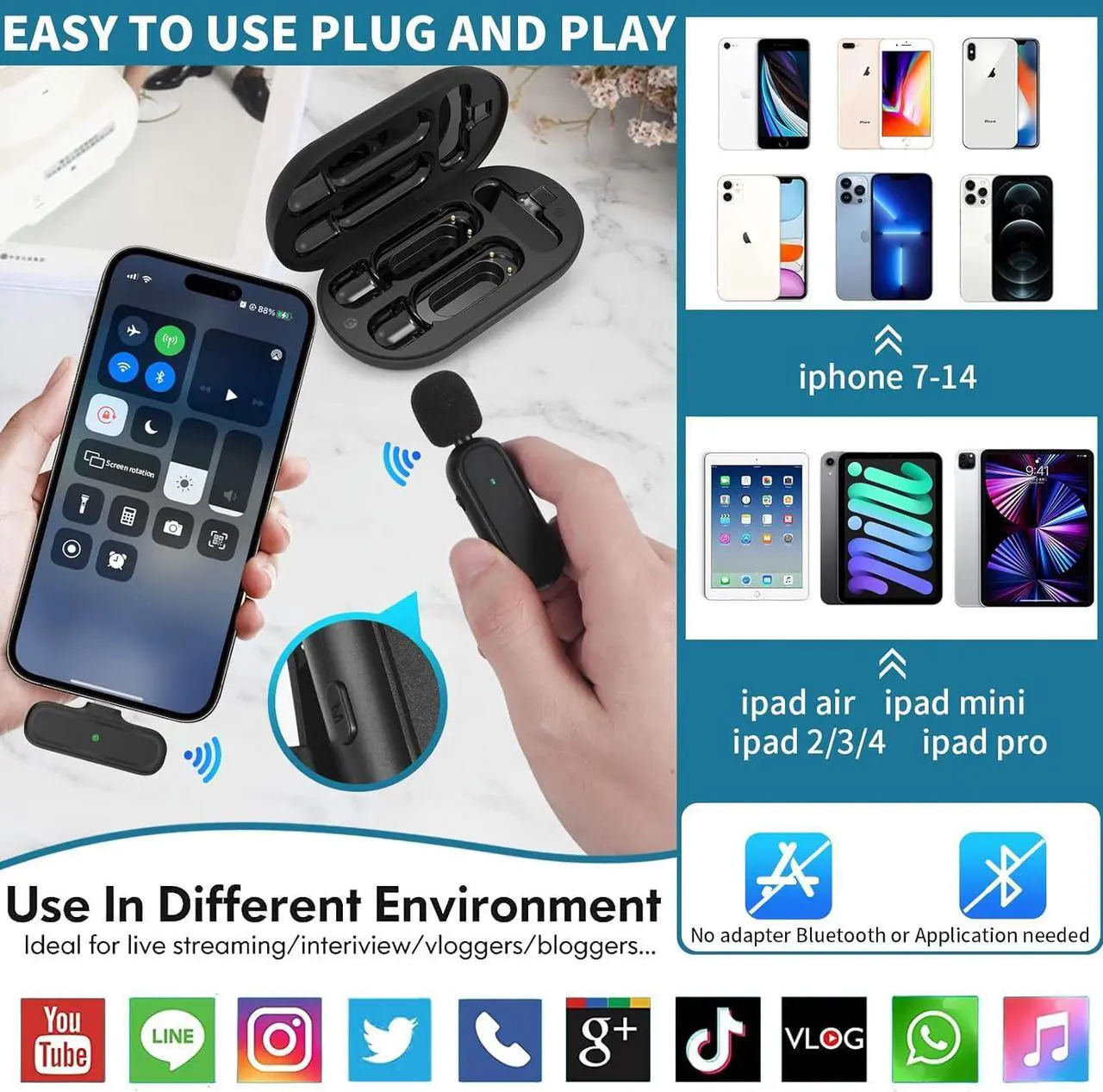 Alt view image 4 of 6 - KEHIPI 2 Pack Wireless Lavalier Microphone for Android, iPhone ipad with Adapter and Charging Case, 10 Hours Long Battery Life, Clip on Lapel Mic for Facebook, Vlog, Interview, Tiktok, YouTube 70ft