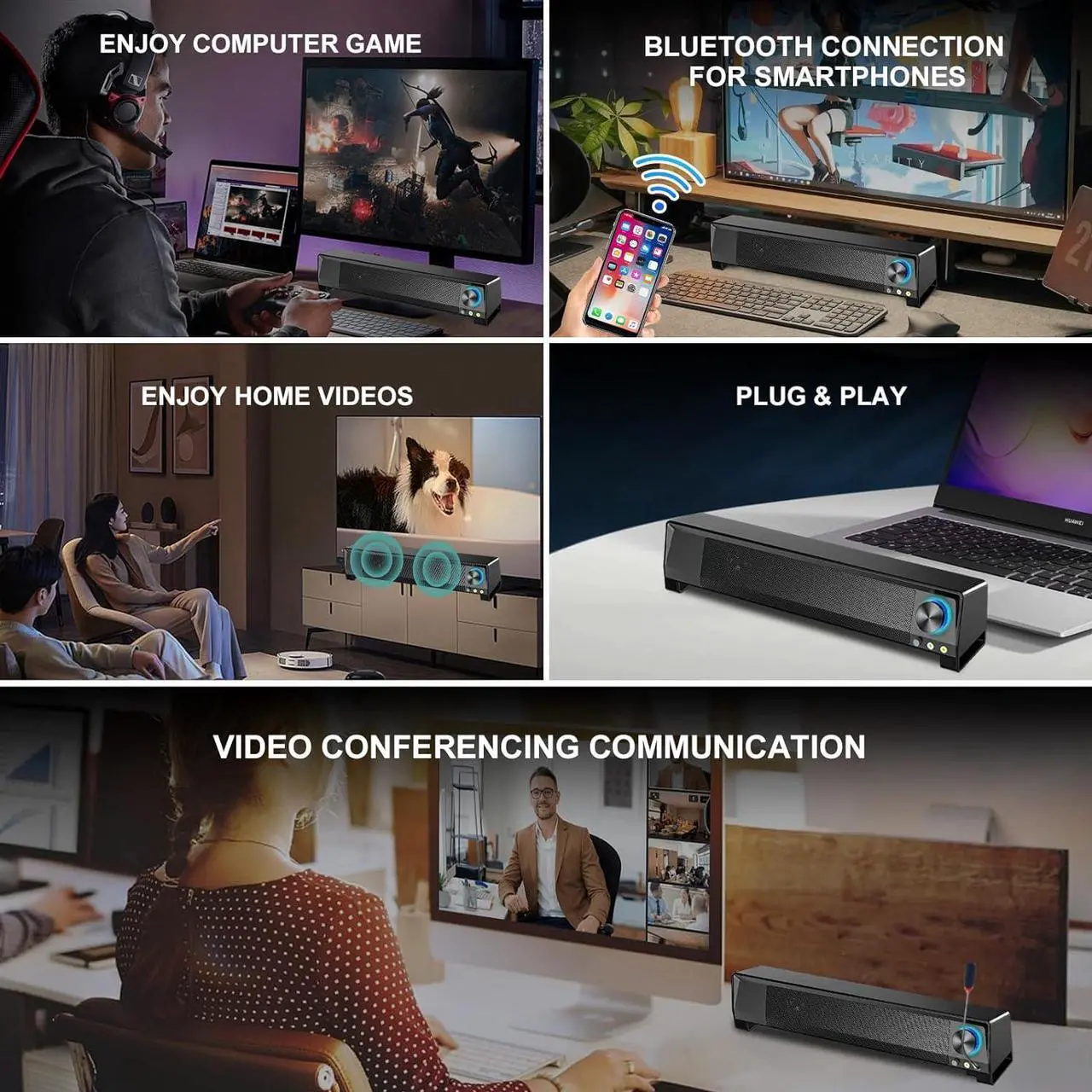 Alt view image 3 of 6 - KEHIPI Computer PC Bluetooth Gaming Soundbar Monitor Speakers USB Powered with Microphone HiFi Stereo &Jack for Headphone Wireless3.5mm AUX Desktop Computer Speakers for Smartphone Tablet Ipad Meeting