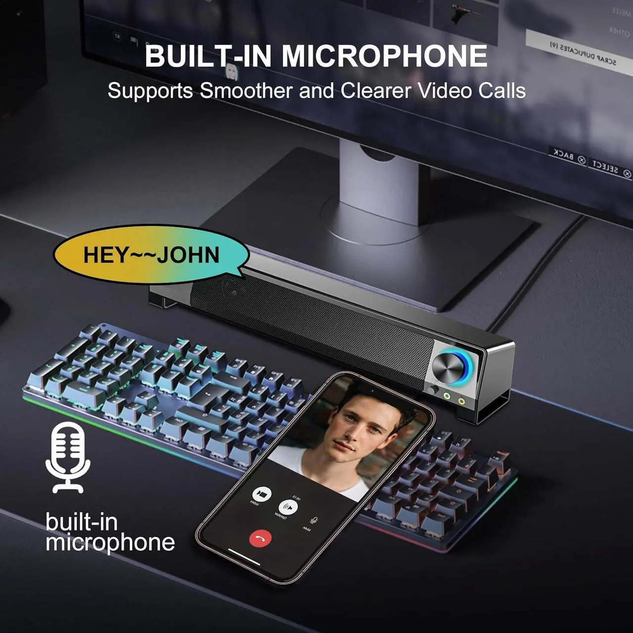 Alt view image 4 of 6 - KEHIPI Computer PC Bluetooth Gaming Soundbar Monitor Speakers USB Powered with Microphone HiFi Stereo &Jack for Headphone Wireless3.5mm AUX Desktop Computer Speakers for Smartphone Tablet Ipad Meeting