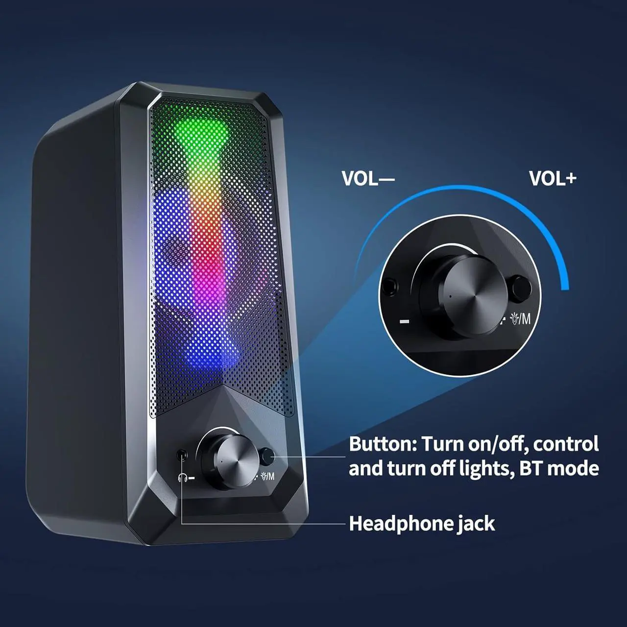 Alt view image 4 of 7 - KEHIPI Computer Speakers HiFi Stereo Sound - 2.0 Channel RGB Desktop Speakers PC Speaker with Bluetooth Volume Control USB Powered 3.5mm AUX-in Audio System